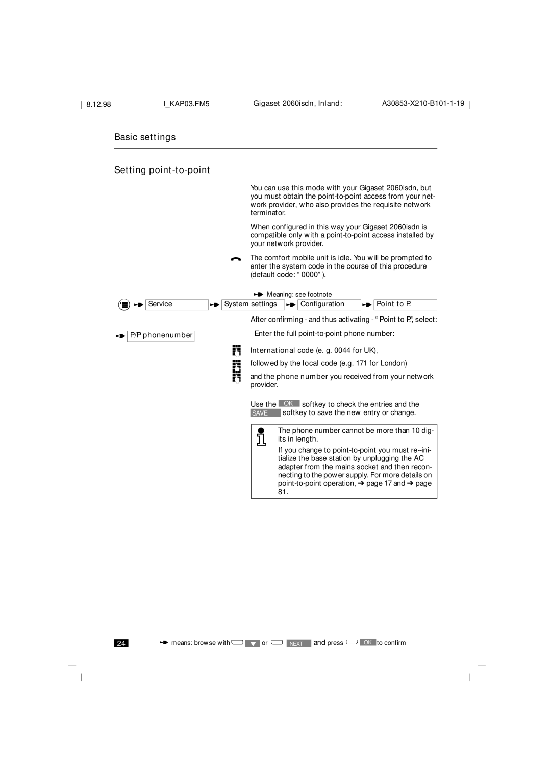 Siemens 2060isdn manual Basic settings Setting point-to-point, P phonenumber, System settings Configuration Point to P 