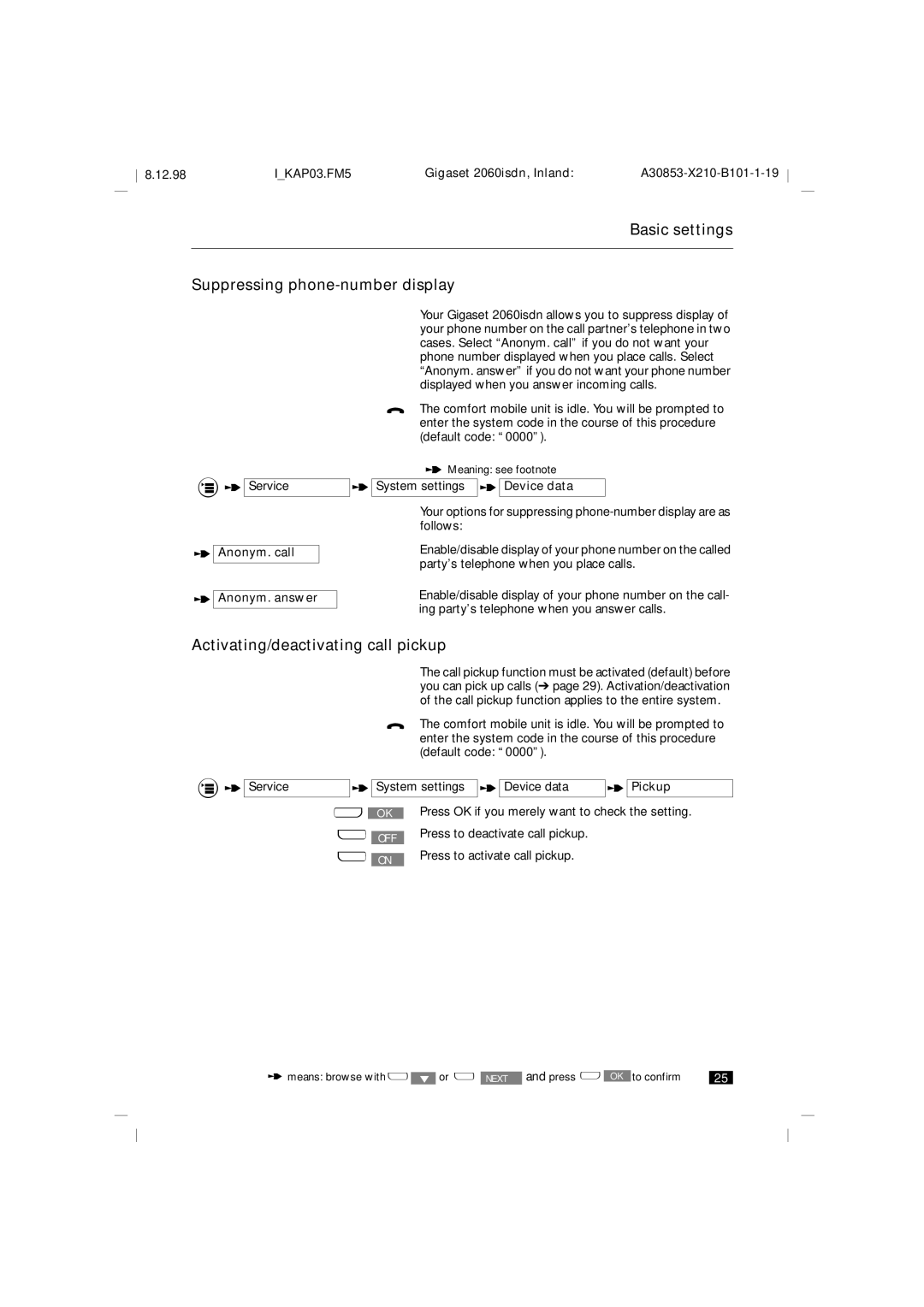 Siemens 2060isdn manual Basic settings Suppressing phone-number display, Activating/deactivating call pickup 