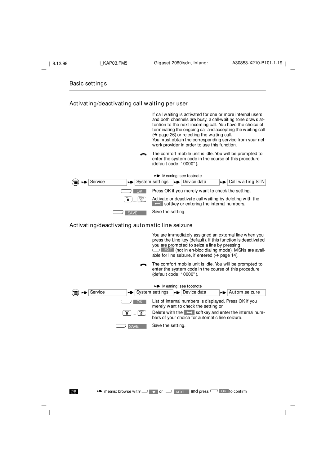 Siemens 2060isdn Activating/deactivating automatic line seizure, Service System settings Device data, Call waiting STN 