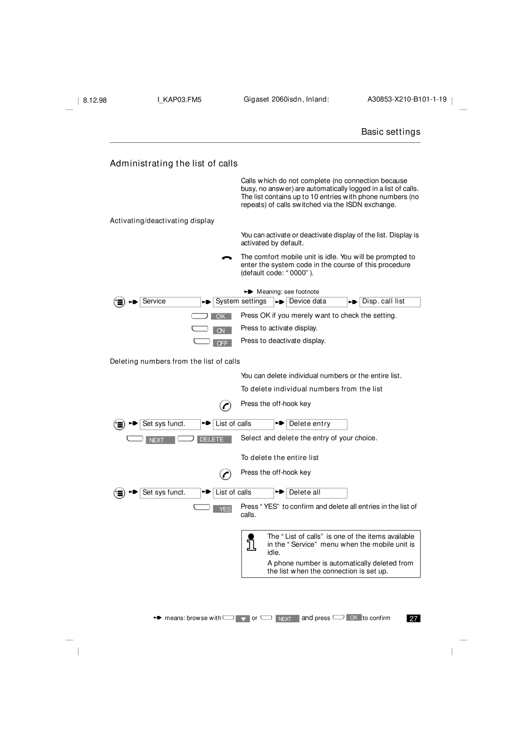 Siemens 2060isdn manual Basic settings Administrating the list of calls 