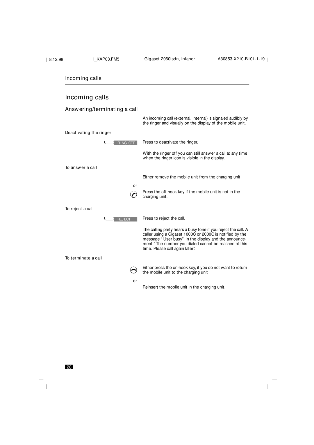 Siemens 2060isdn manual Incoming calls, Answering/terminating a call 