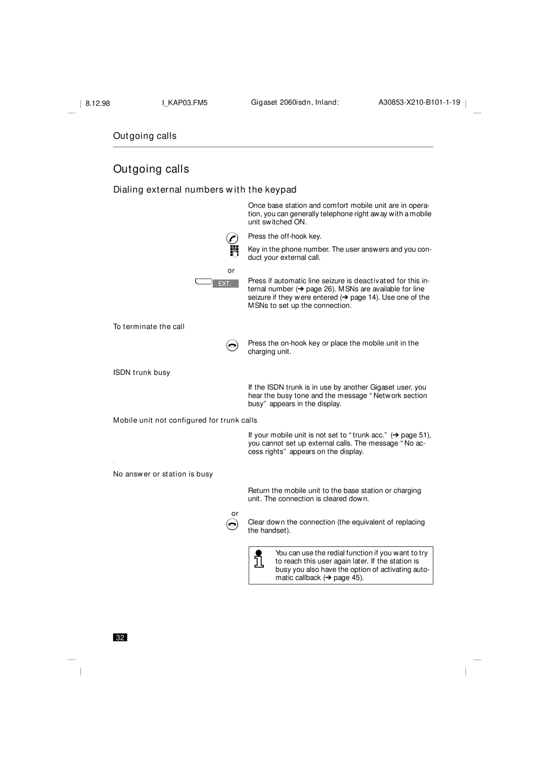 Siemens 2060isdn manual Outgoing calls, Dialing external numbers with the keypad 