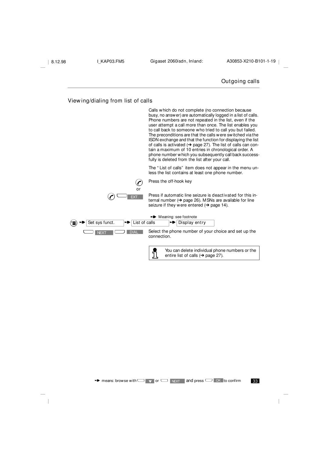 Siemens 2060isdn manual Outgoing calls Viewing/dialing from list of calls, List of calls t Display entry 