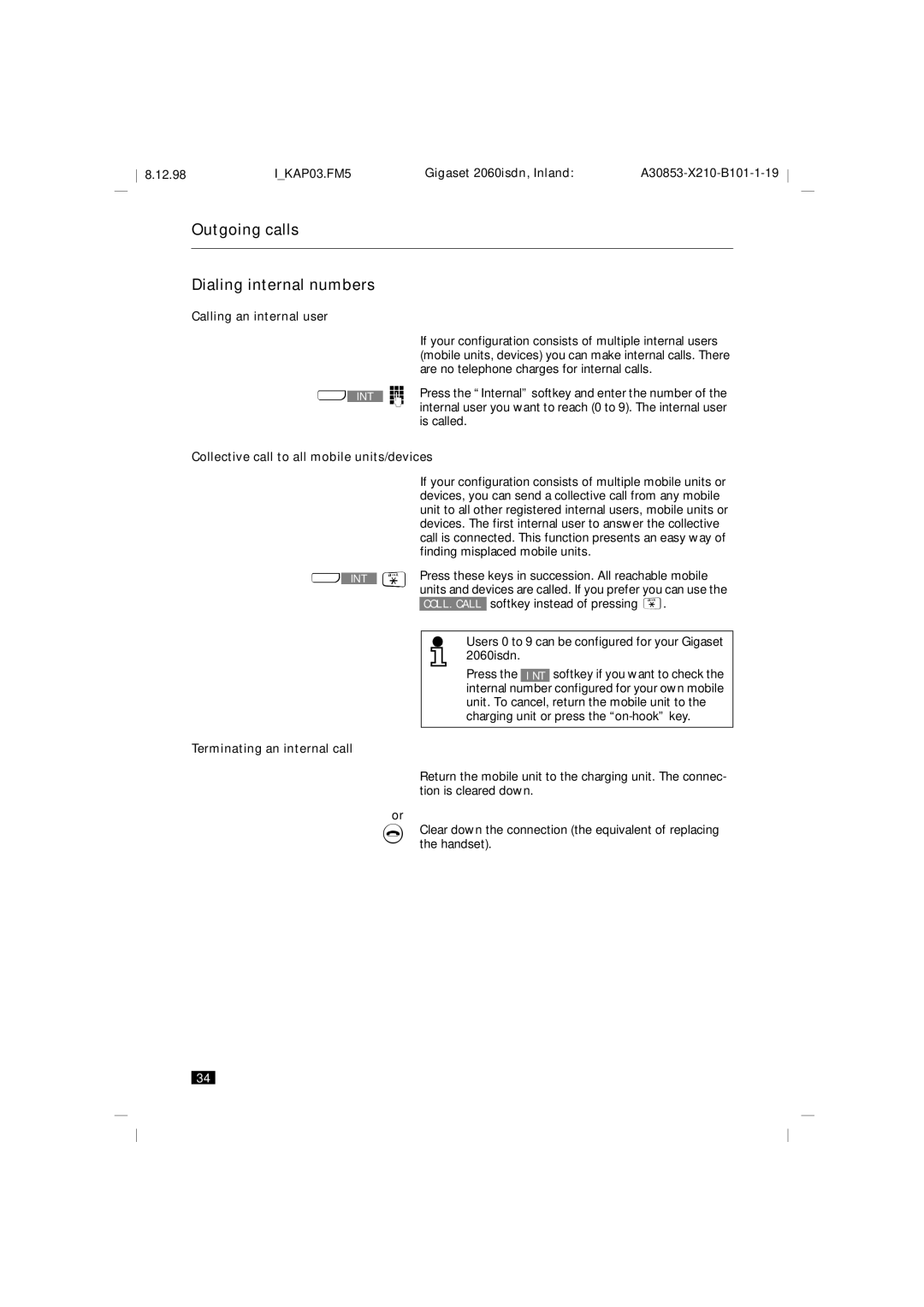 Siemens 2060isdn manual Outgoing calls Dialing internal numbers, Calling an internal user, Terminating an internal call 