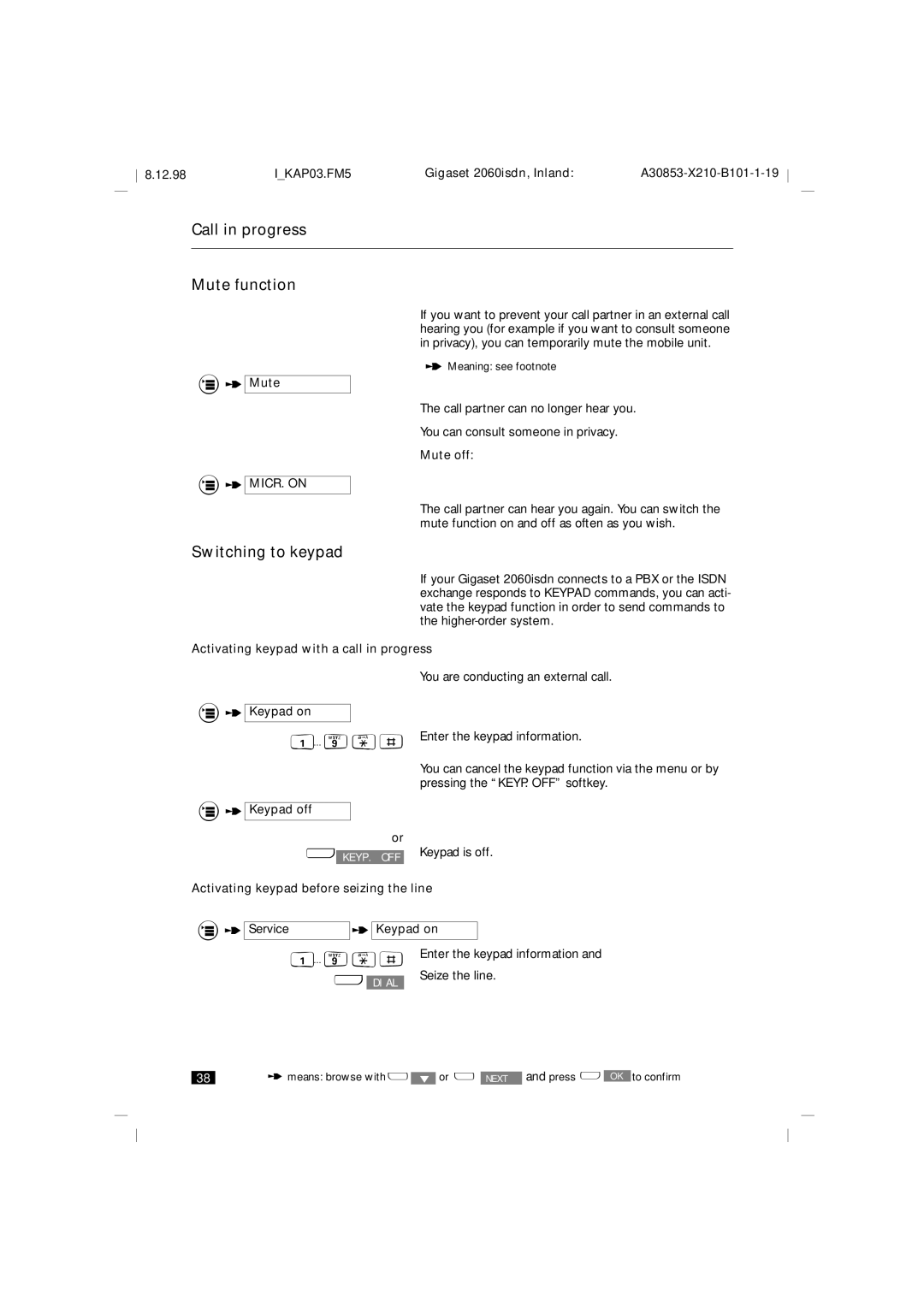 Siemens 2060isdn manual Call in progress Mute function, Switching to keypad 