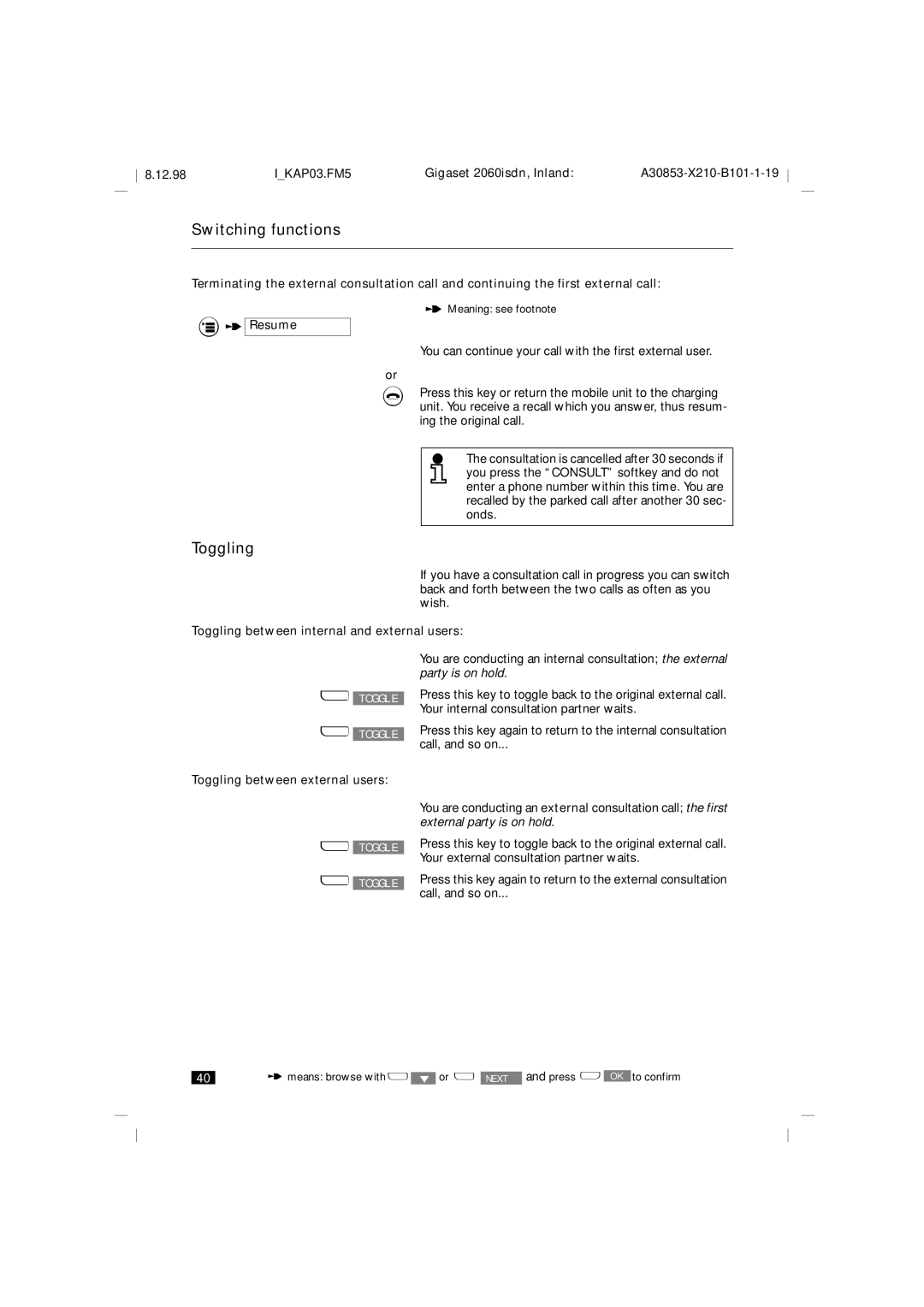 Siemens 2060isdn manual Resume, Toggling between internal and external users, Toggling between external users 