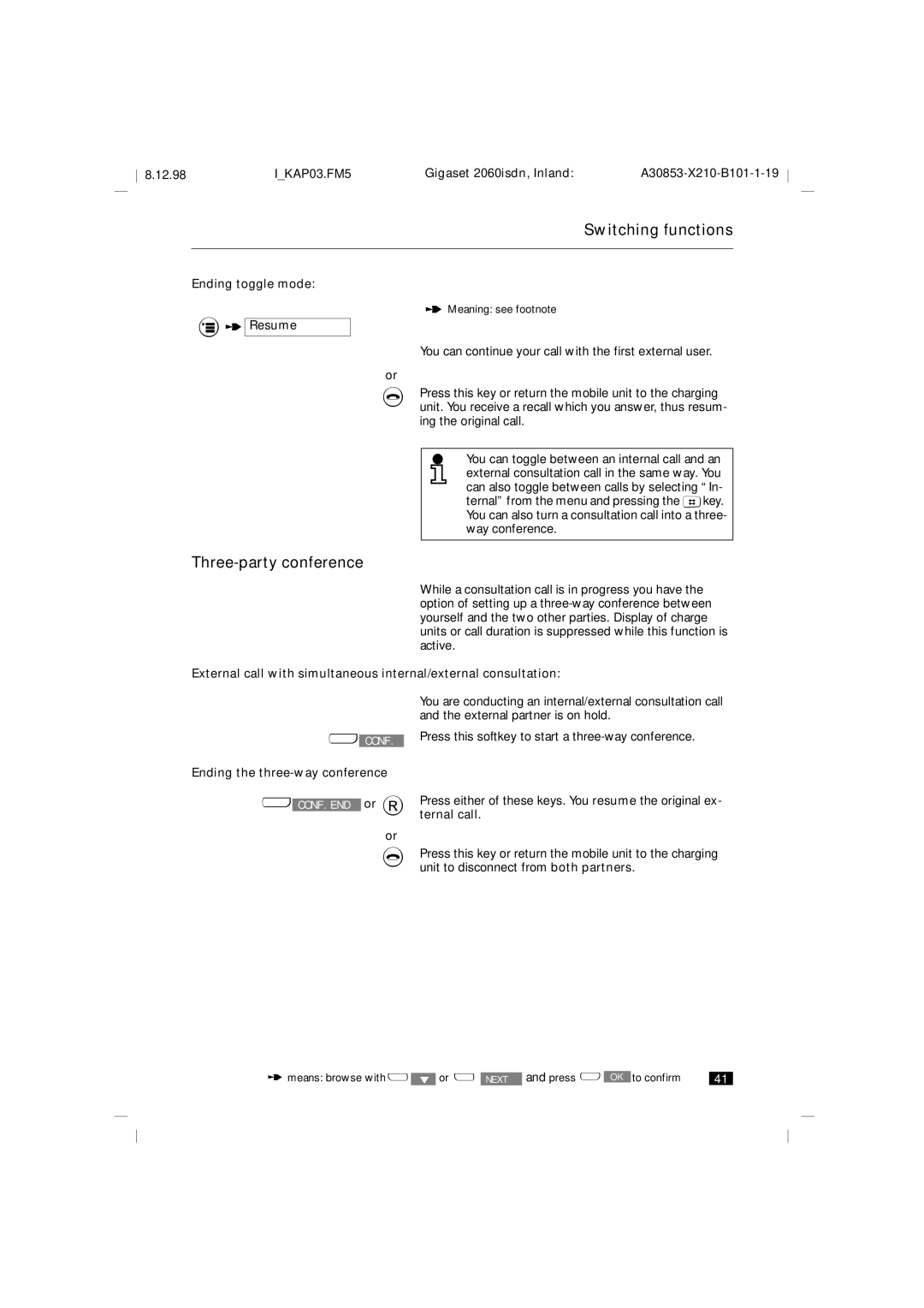 Siemens 2060isdn manual Three-party conference, Ending toggle mode, Ending the three-way conference 