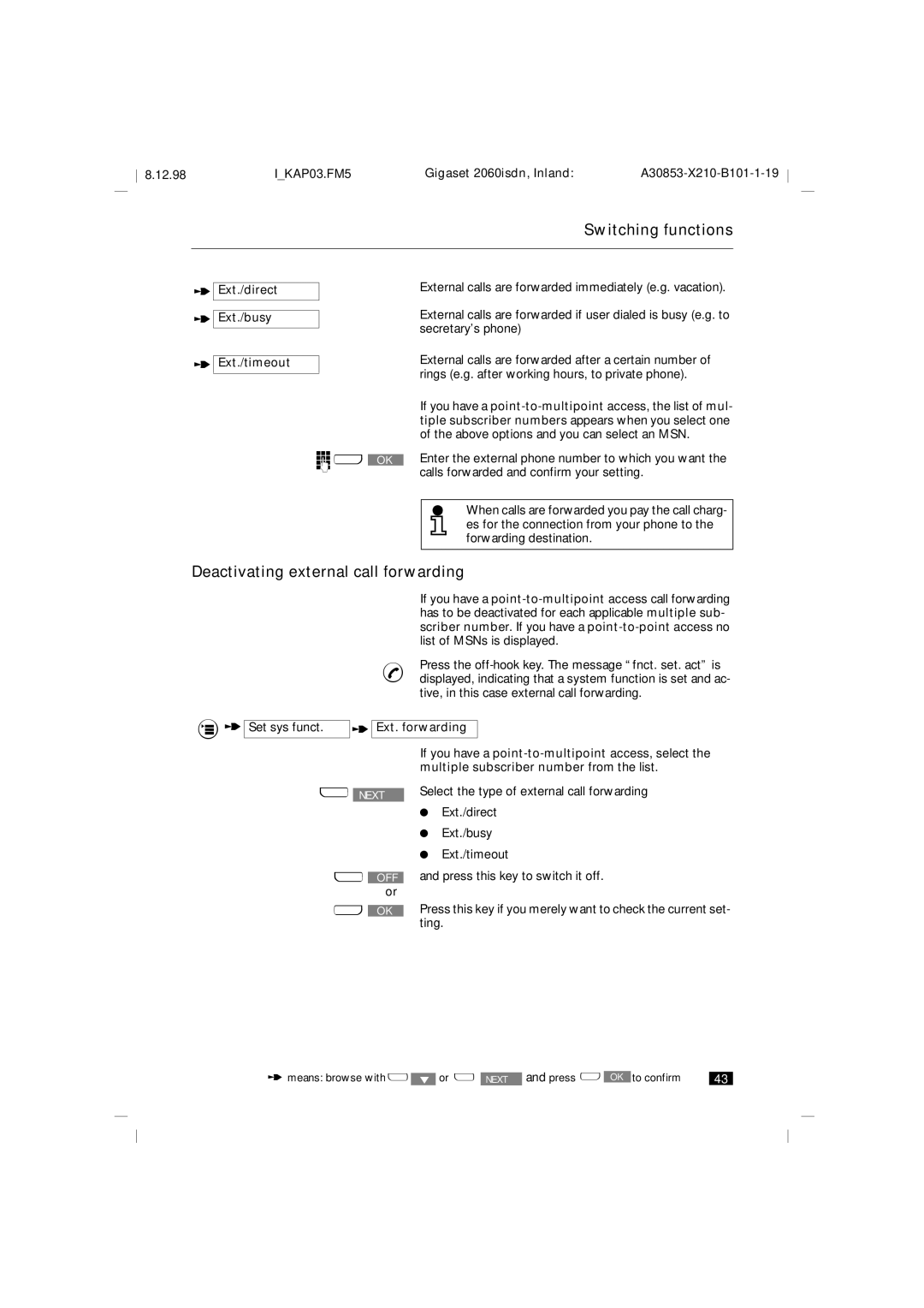 Siemens 2060isdn manual Ox OK, Deactivating external call forwarding, Ext./direct Ext./busy Ext./timeout 