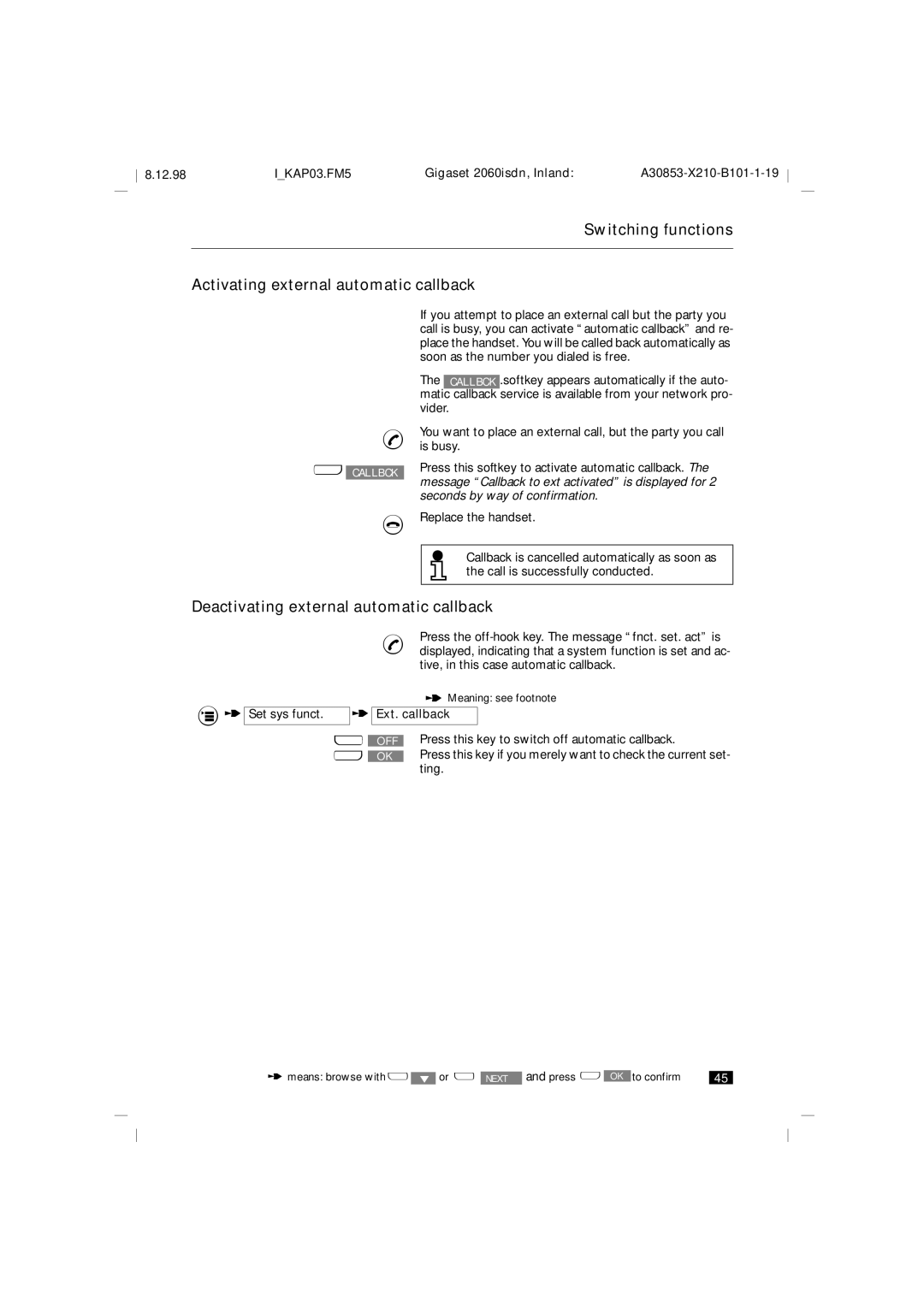 Siemens 2060isdn Switching functions Activating external automatic callback, Deactivating external automatic callback 