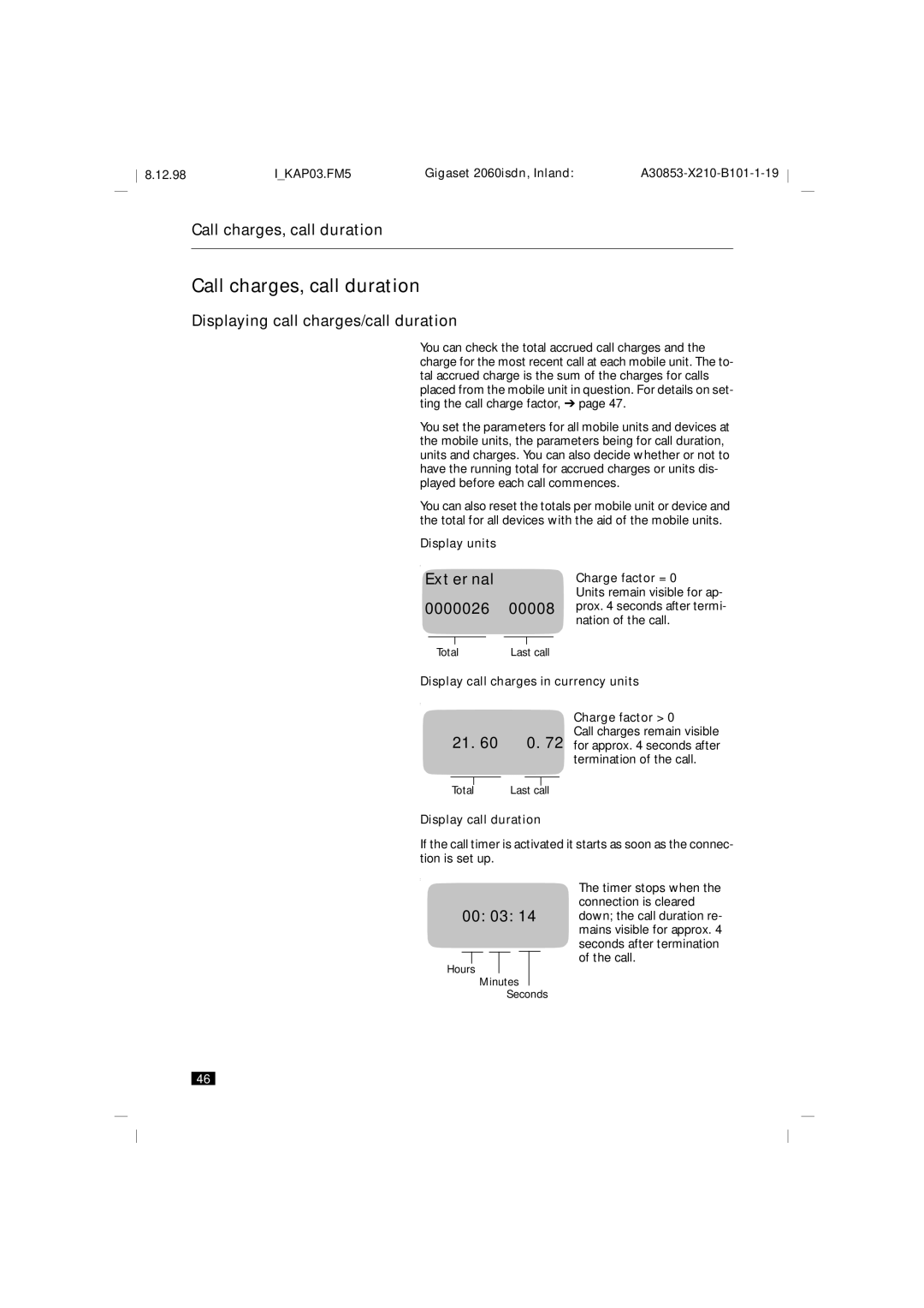 Siemens 2060isdn manual Call charges, call duration, Displaying call charges/call duration 