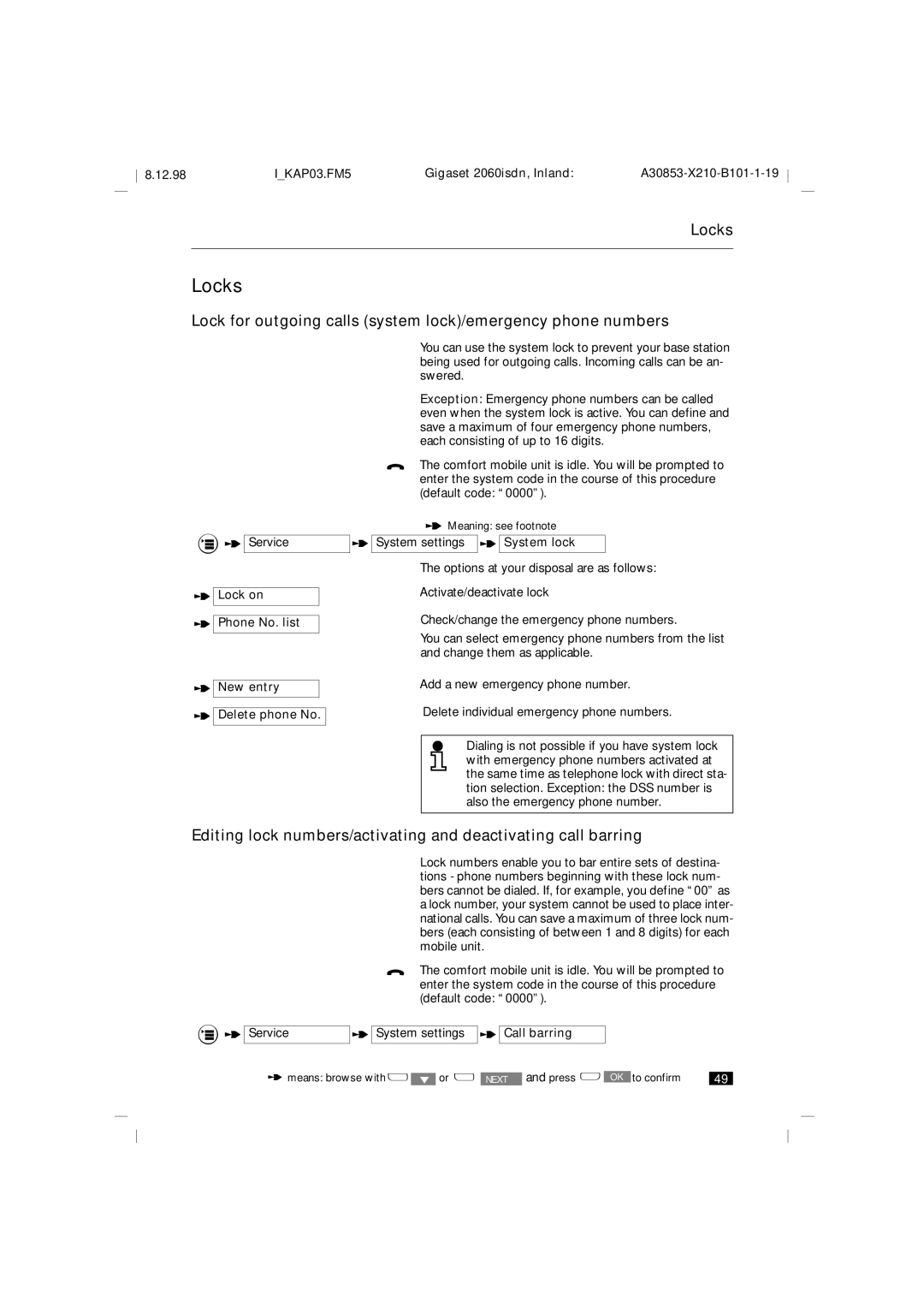 Siemens 2060isdn manual Locks, Lock for outgoing calls system lock/emergency phone numbers 