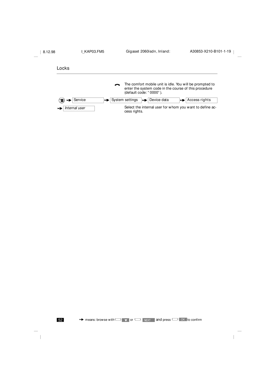 Siemens 2060isdn manual Internal user, System settings Device data Access rights 