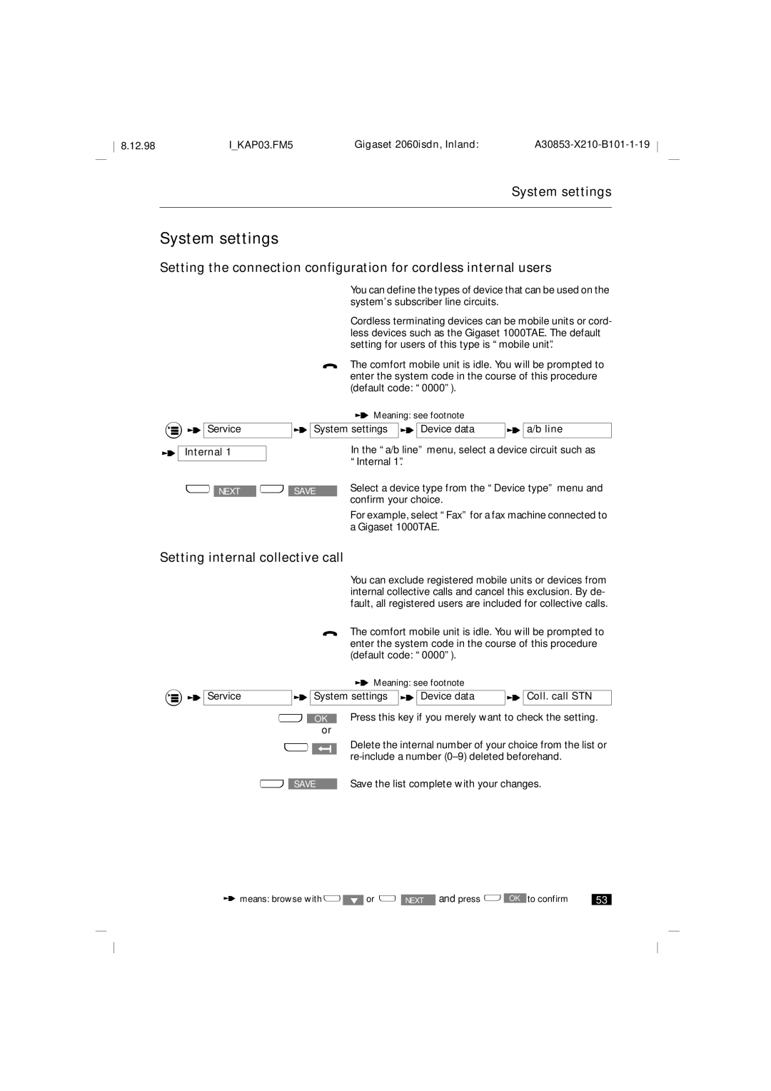 Siemens 2060isdn manual System settings, Setting internal collective call, Line, Coll. call STN 