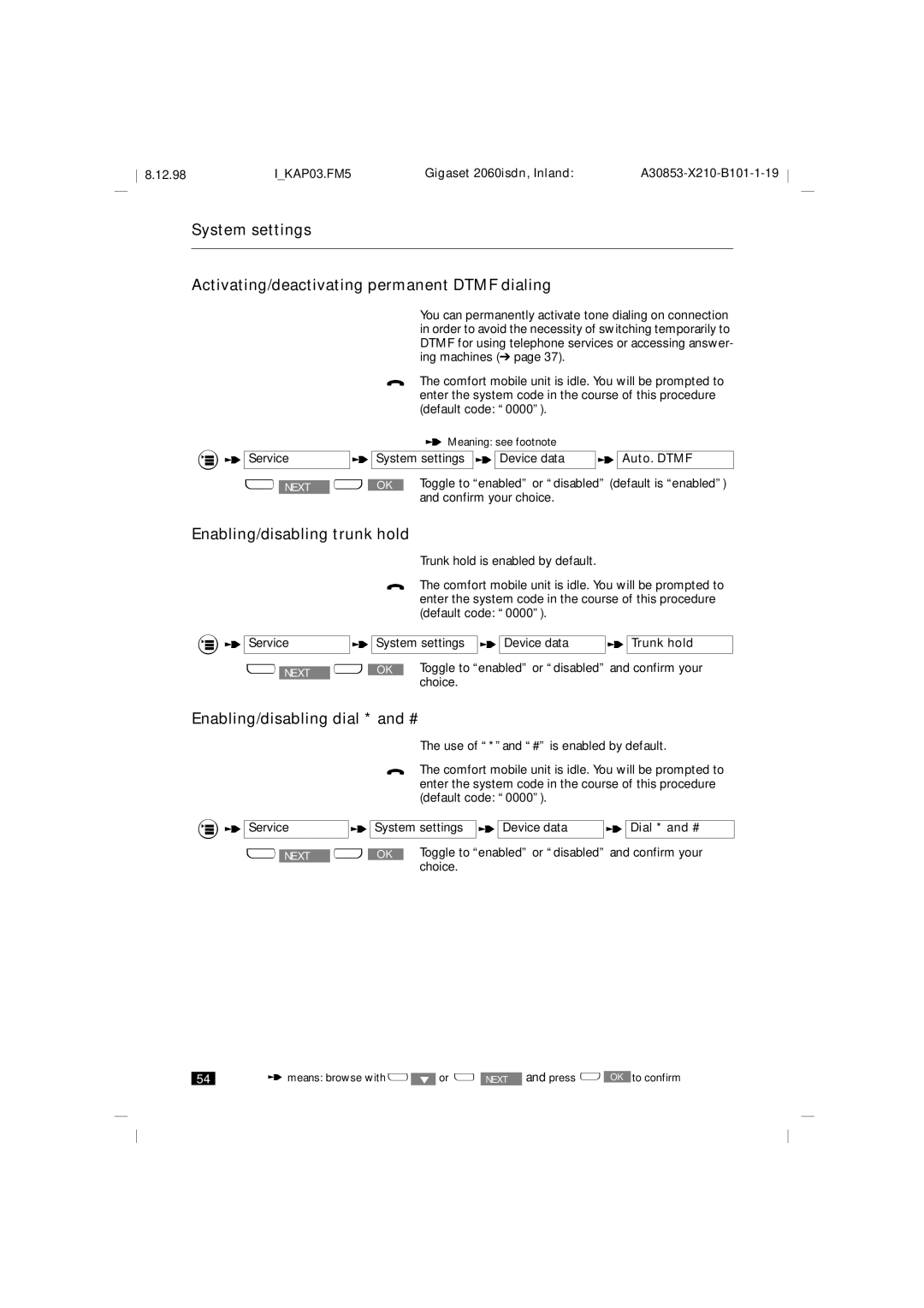 Siemens 2060isdn Enabling/disabling trunk hold, Enabling/disabling dial * and #, System settings Device data Auto. Dtmf 