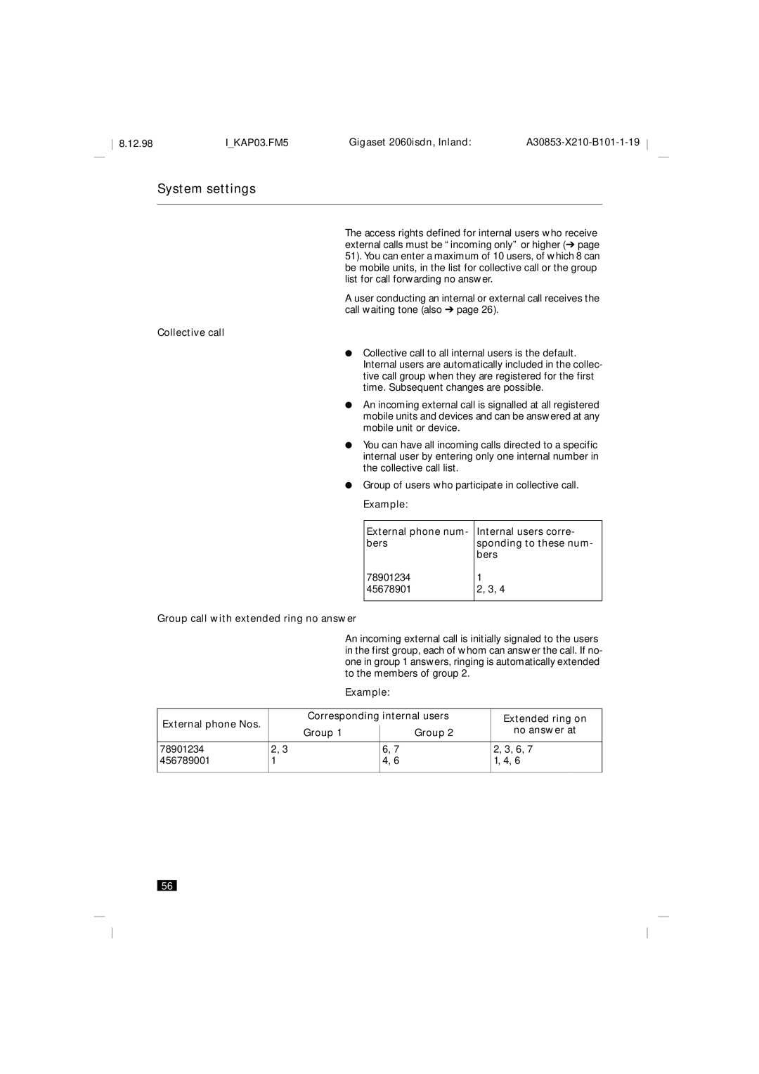 Siemens 2060isdn manual Collective call, Example External phone num- bers, 78901234 45678901, 78901234 456789001 