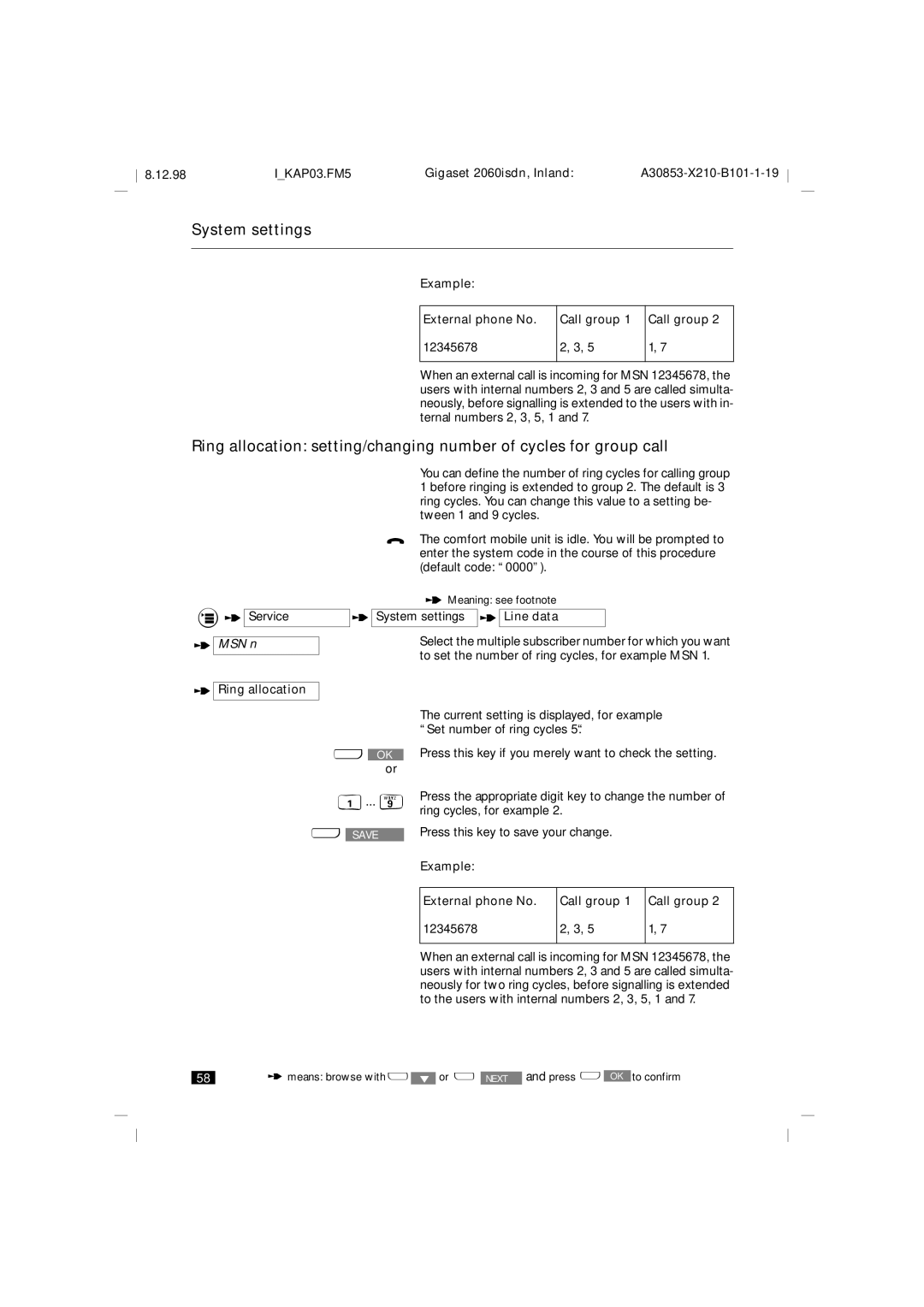 Siemens 2060isdn manual Ring allocation, Example External phone No Call group 12345678 