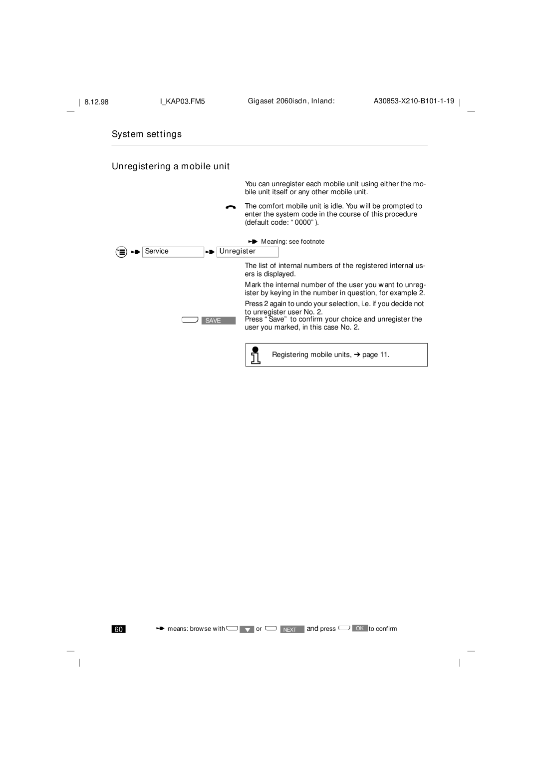 Siemens 2060isdn manual System settings Unregistering a mobile unit, Service Unregister 