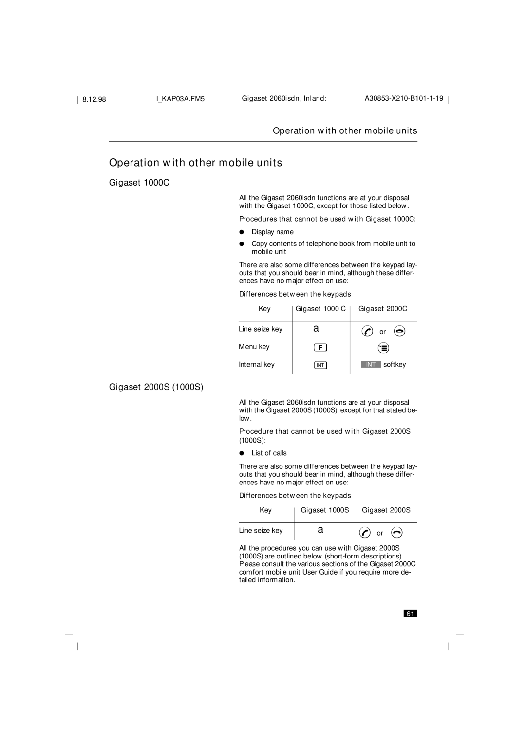 Siemens 2060isdn manual Operation with other mobile units, Gigaset 1000C, Gigaset 2000S 1000S 