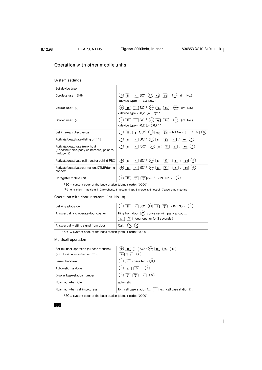 Siemens 2060isdn manual Operation with door intercom int. No, Multicell operation 