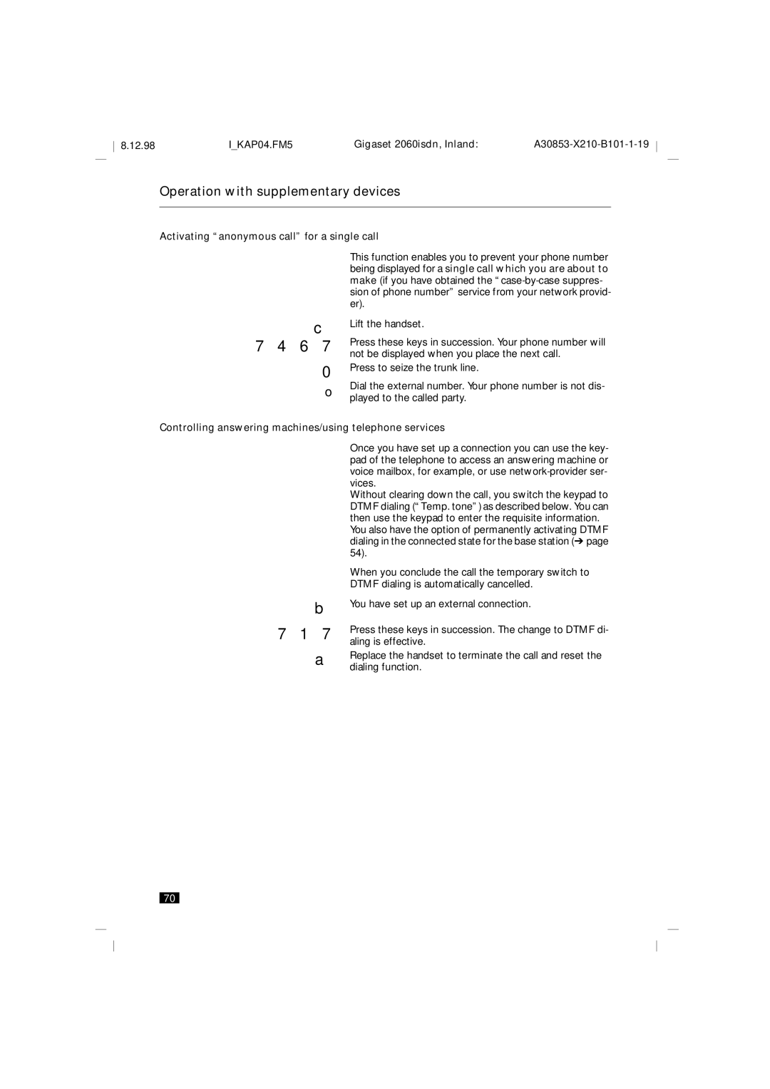 Siemens 2060isdn Activating anonymous call for a single call, Controlling answering machines/using telephone services 