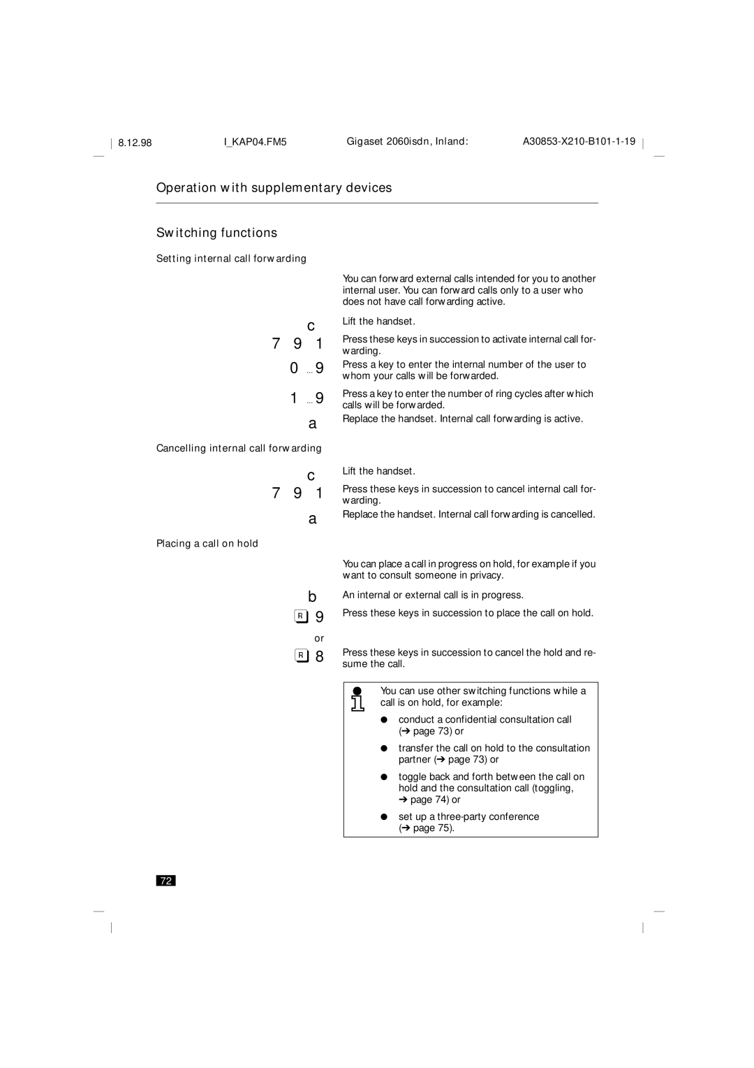 Siemens 2060isdn manual Operation with supplementary devices Switching functions 