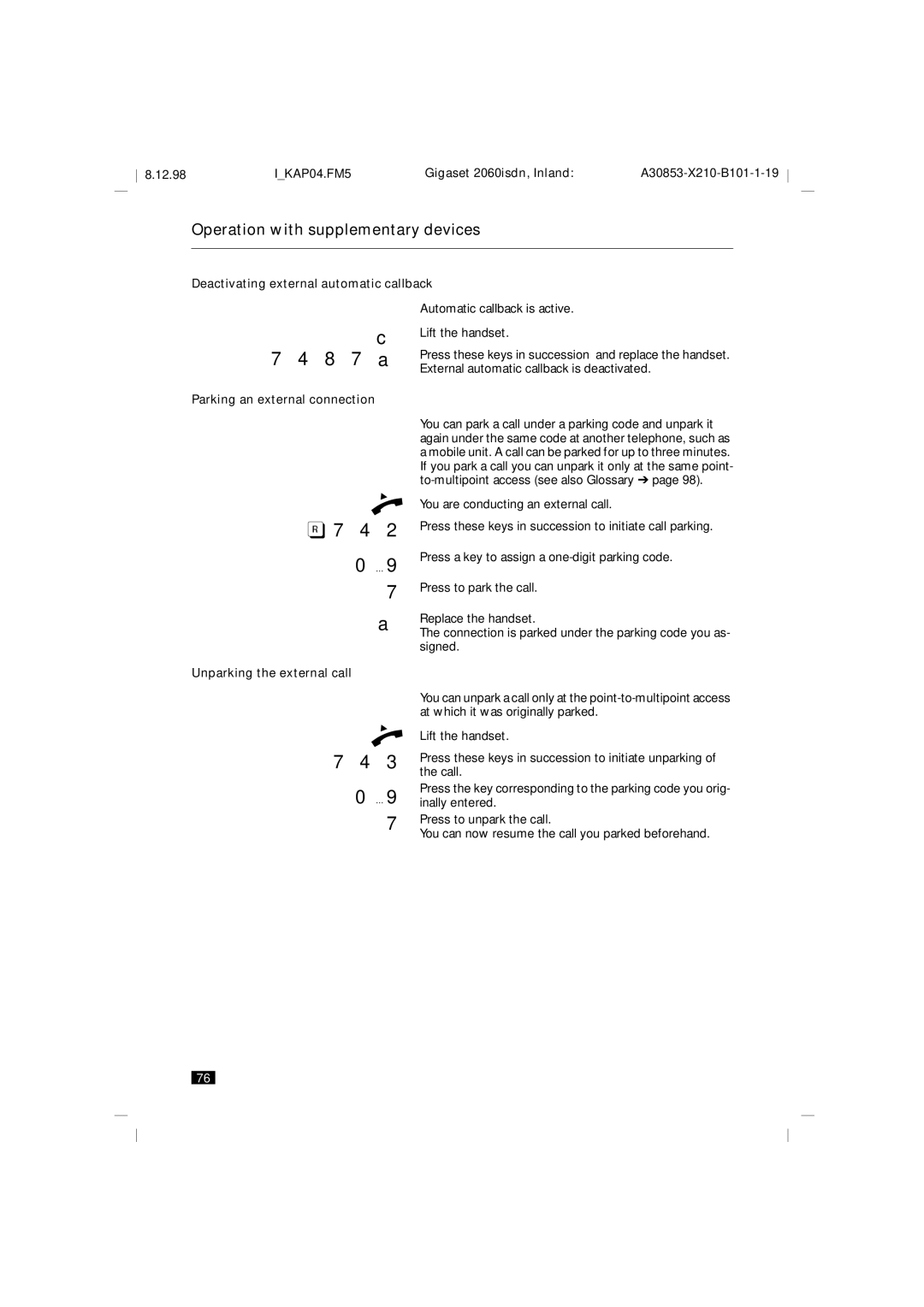 Siemens 2060isdn Deactivating external automatic callback, Parking an external connection, Unparking the external call 