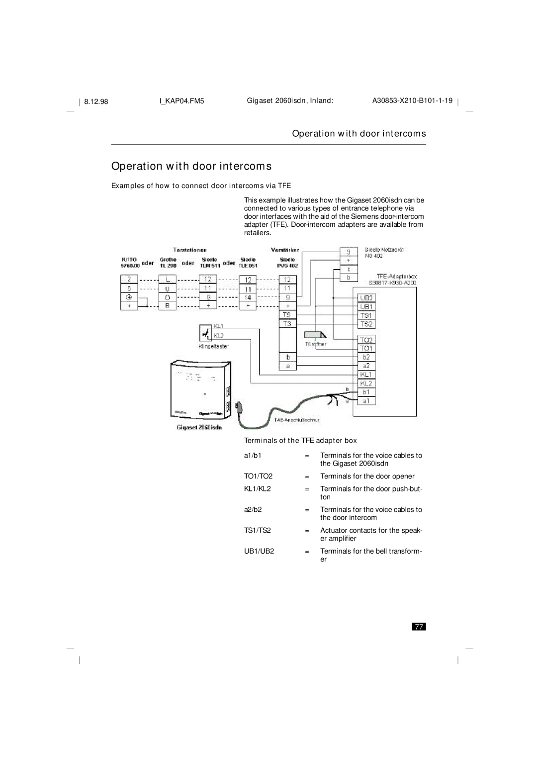 Siemens 2060isdn manual Operation with door intercoms, Examples of how to connect door intercoms via TFE 