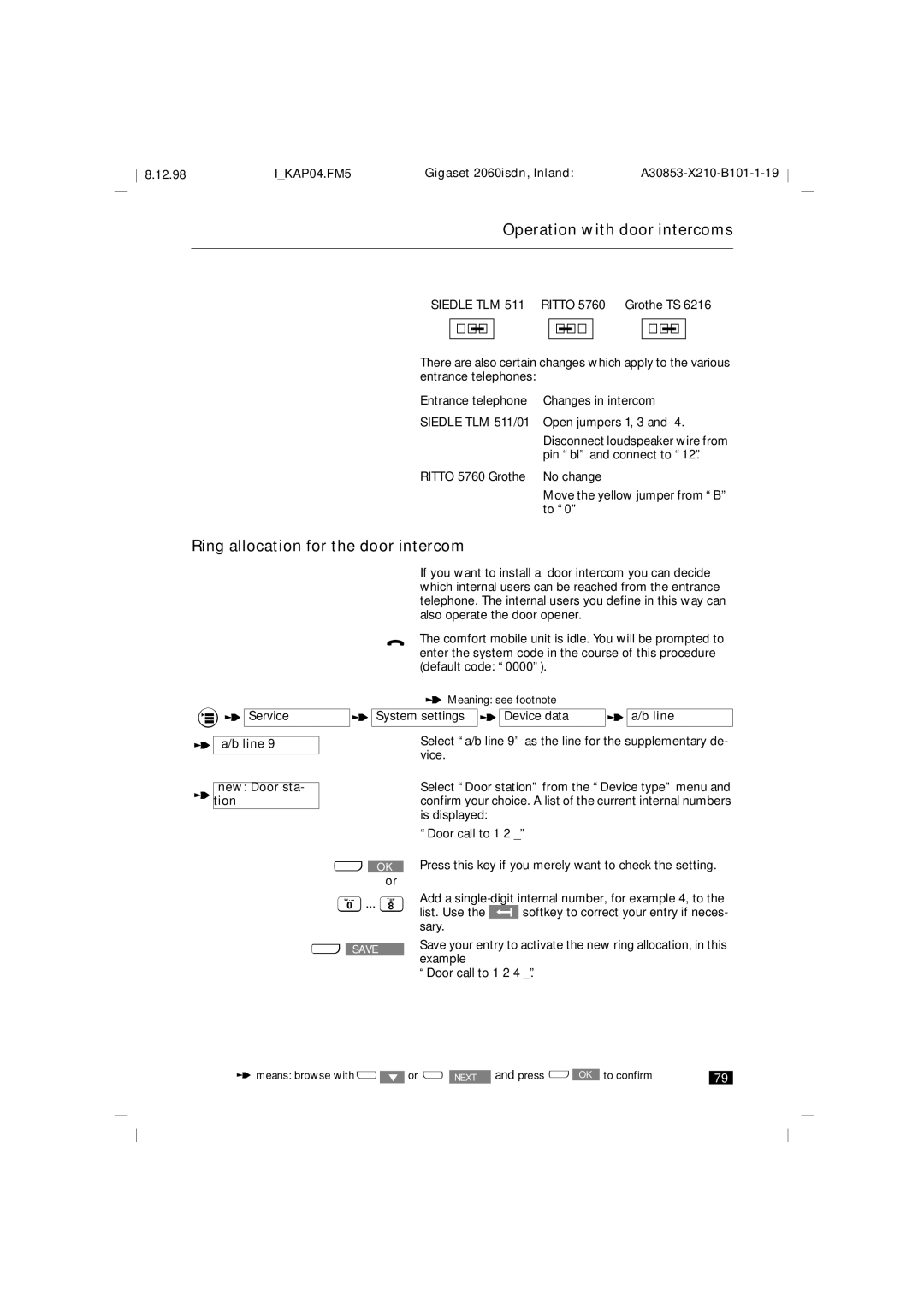 Siemens 2060isdn manual Ring allocation for the door intercom 