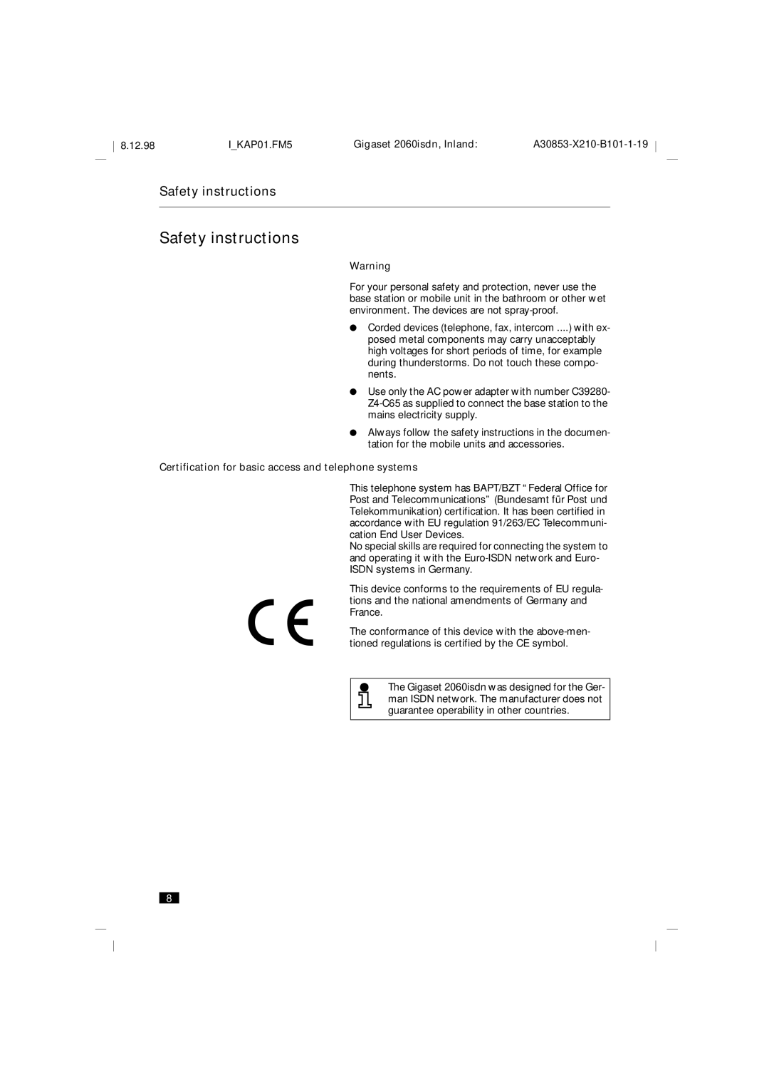 Siemens 2060isdn manual Safety instructions, Certification for basic access and telephone systems 