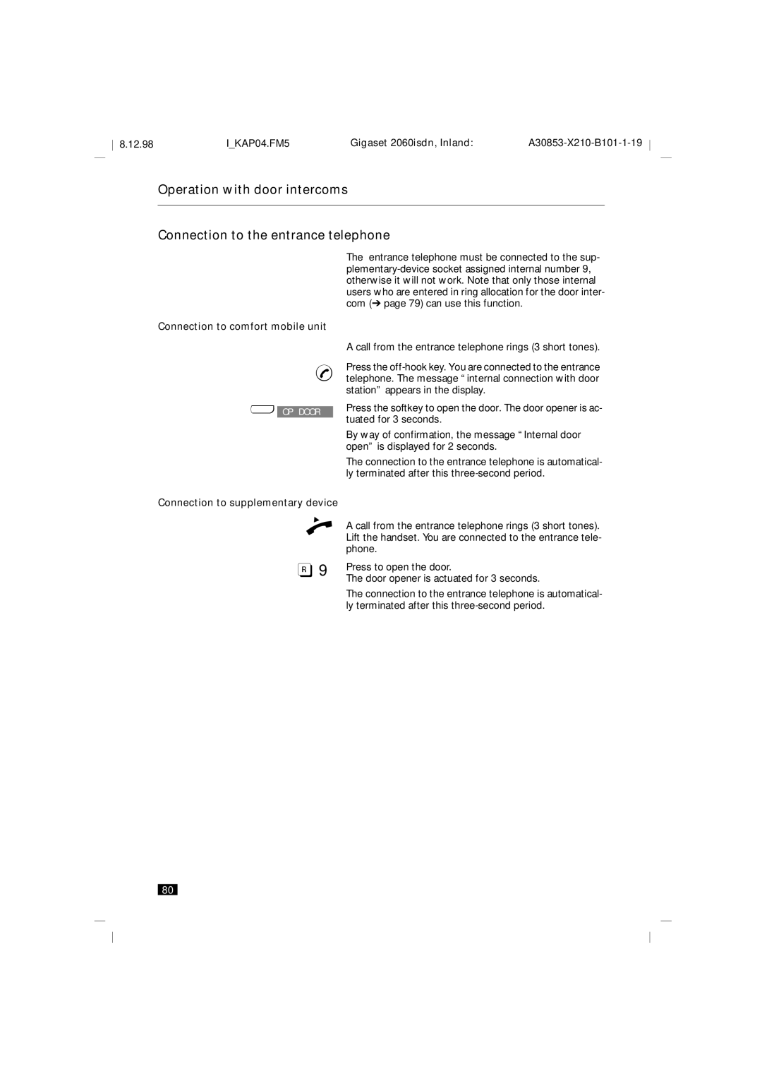 Siemens 2060isdn manual Connection to comfort mobile unit, Connection to supplementary device 