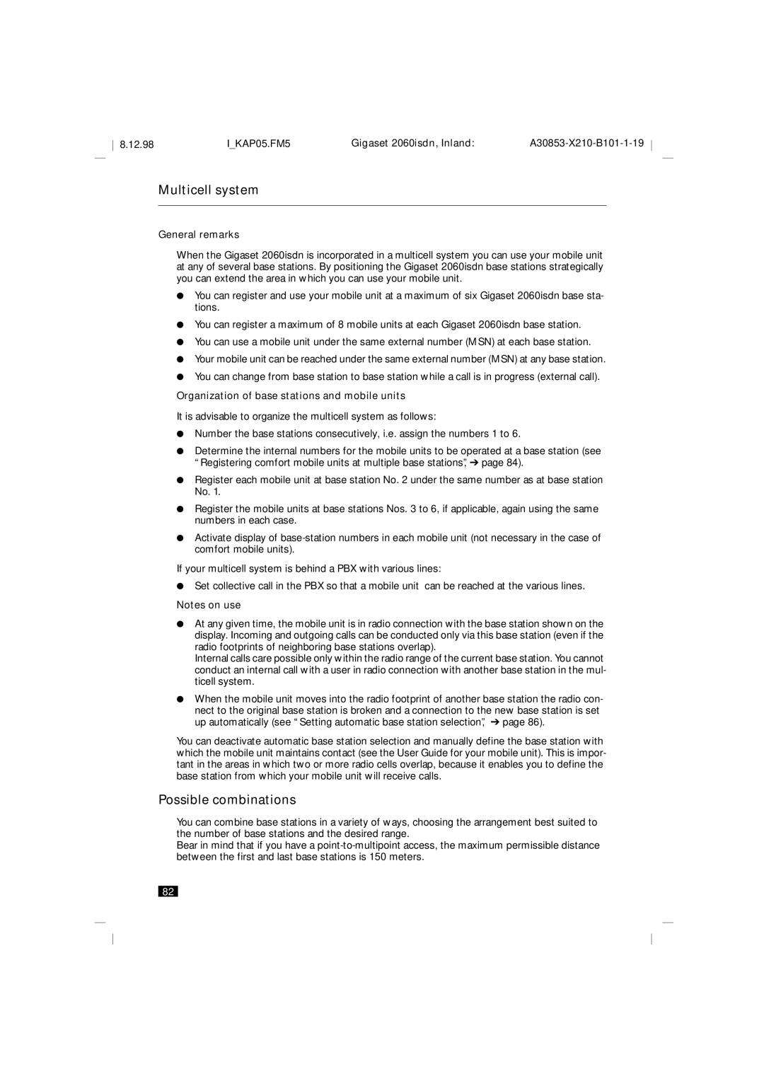 Siemens 2060isdn manual Possible combinations, General remarks, Organization of base stations and mobile units 