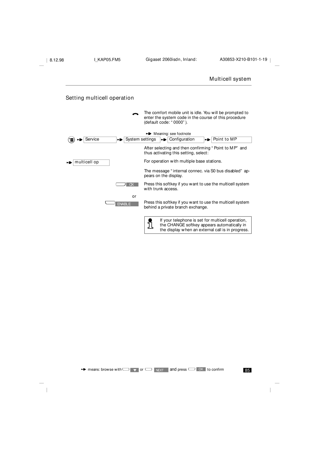 Siemens 2060isdn manual Multicell system Setting multicell operation, Service 