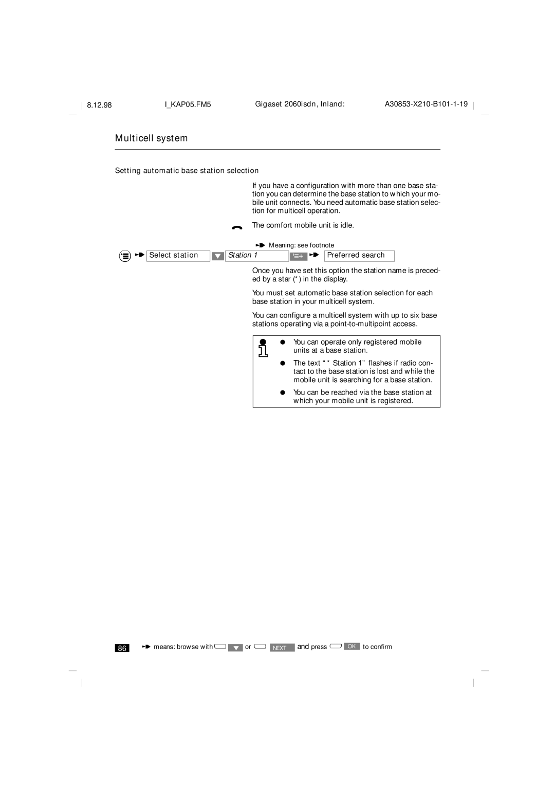 Siemens 2060isdn manual Setting automatic base station selection Select station, Preferred search 