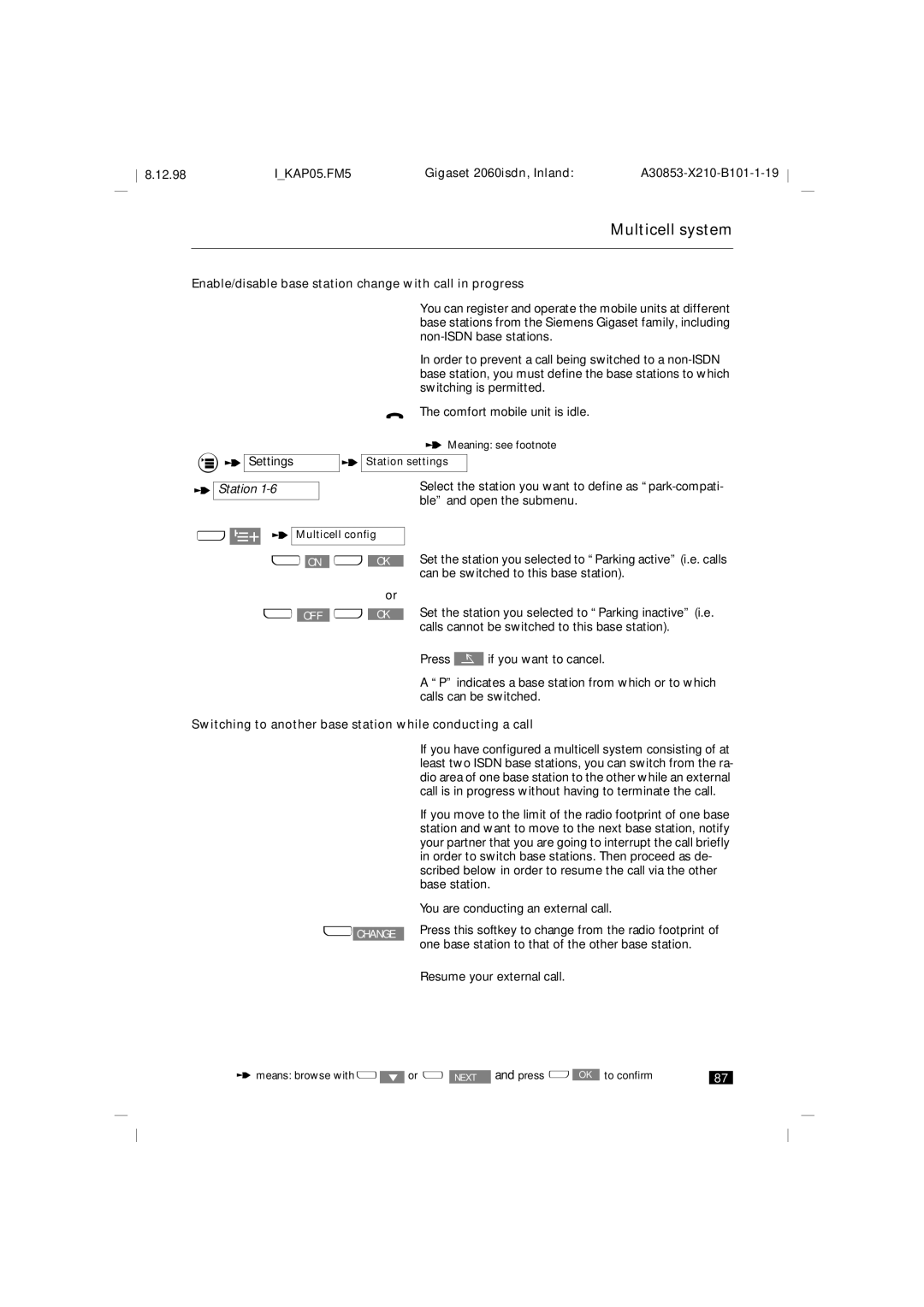 Siemens 2060isdn manual Enable/disable base station change with call in progress 