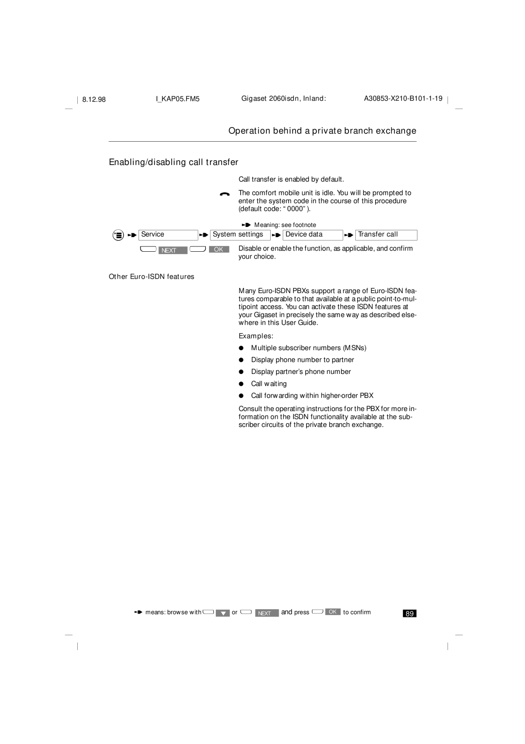 Siemens 2060isdn manual System settings Device data Transfer call, Other Euro-ISDN features, Examples 