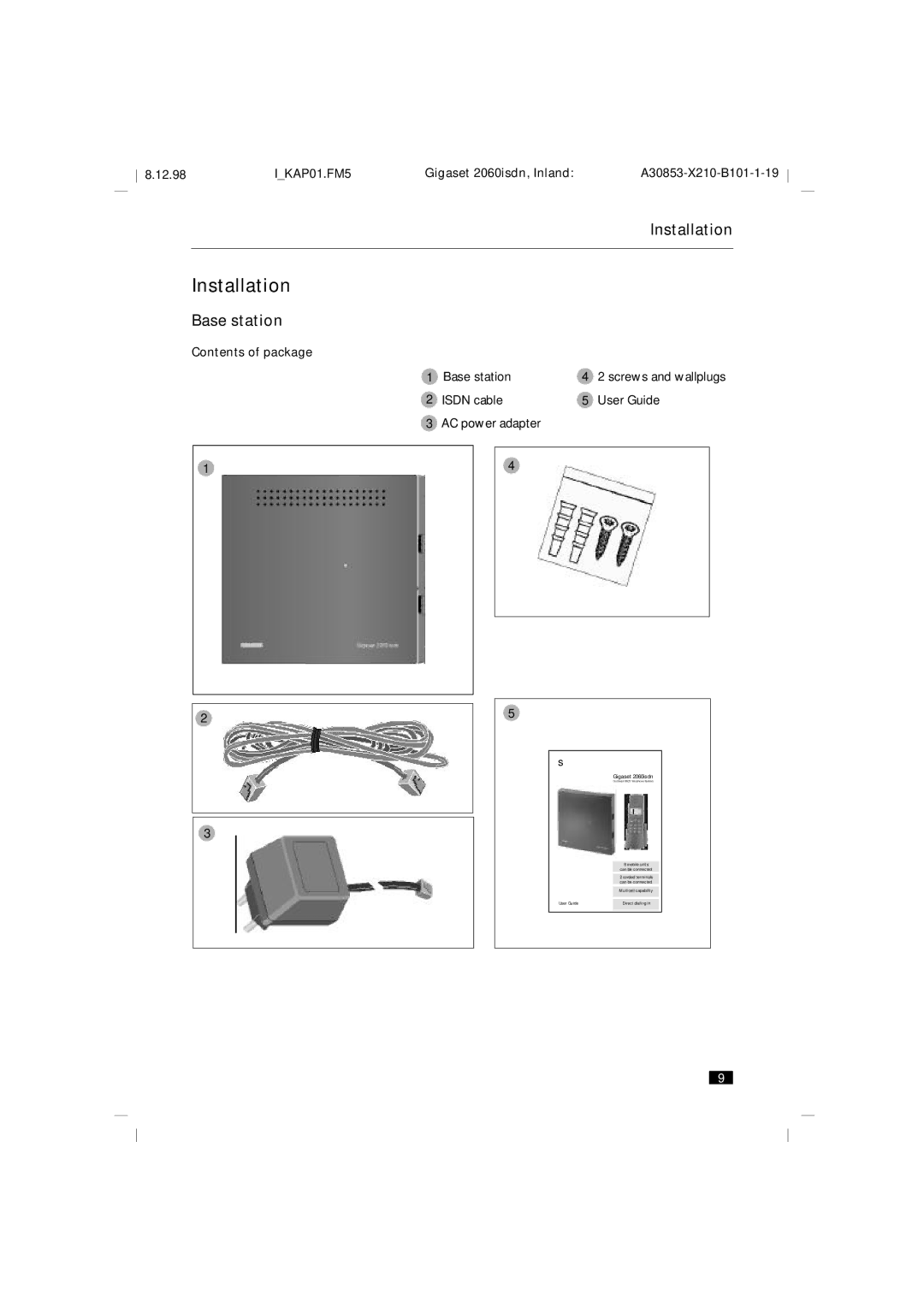 Siemens 2060isdn manual Installation, Contents of package Base station, Isdn cable User Guide 