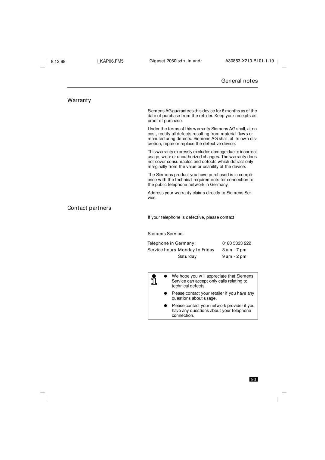 Siemens 2060isdn manual General notes Warranty, Contact partners, Siemens Service Telephone in Germany 