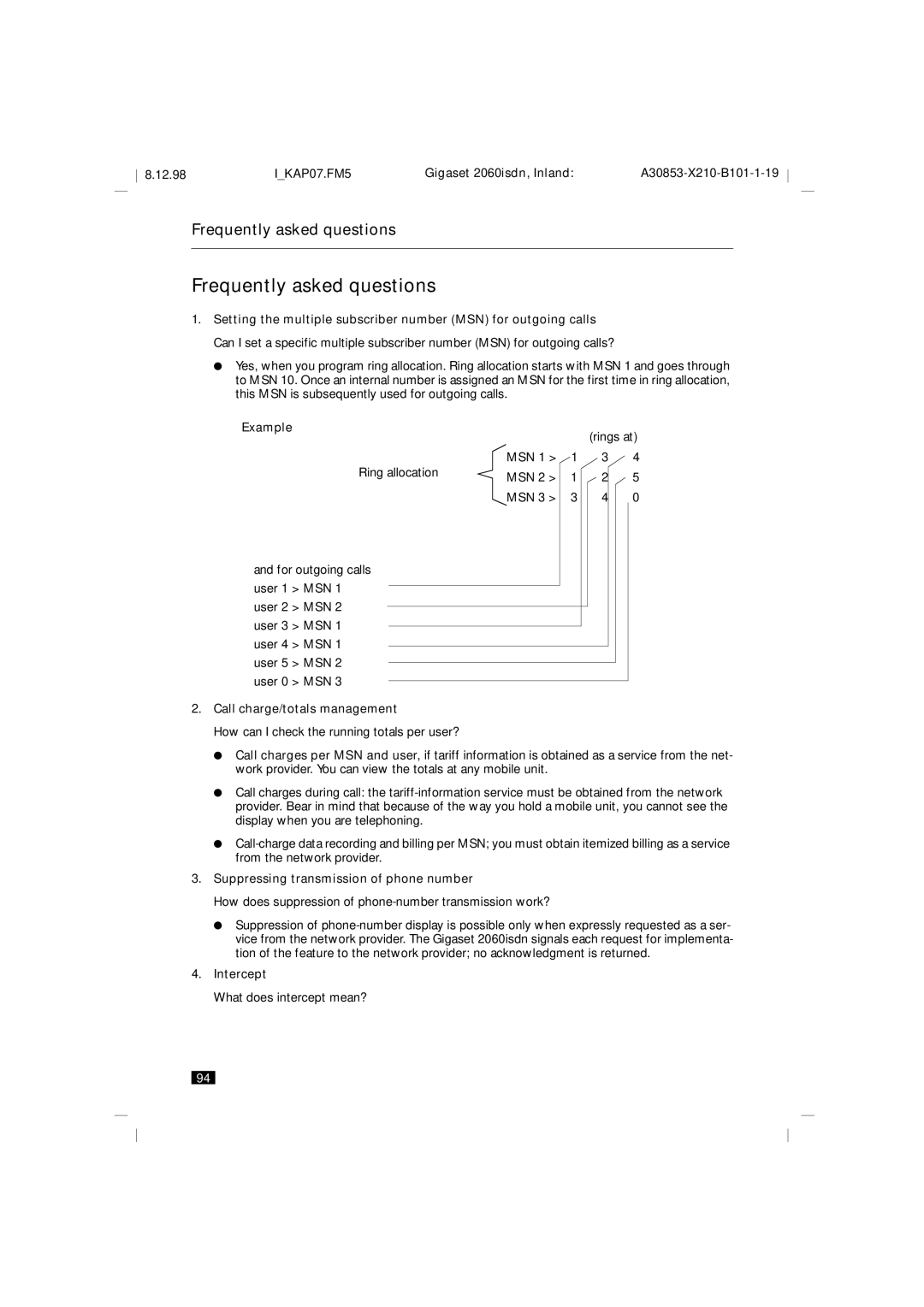 Siemens 2060isdn manual Frequently asked questions, Call charge/totals management, Suppressing transmission of phone number 