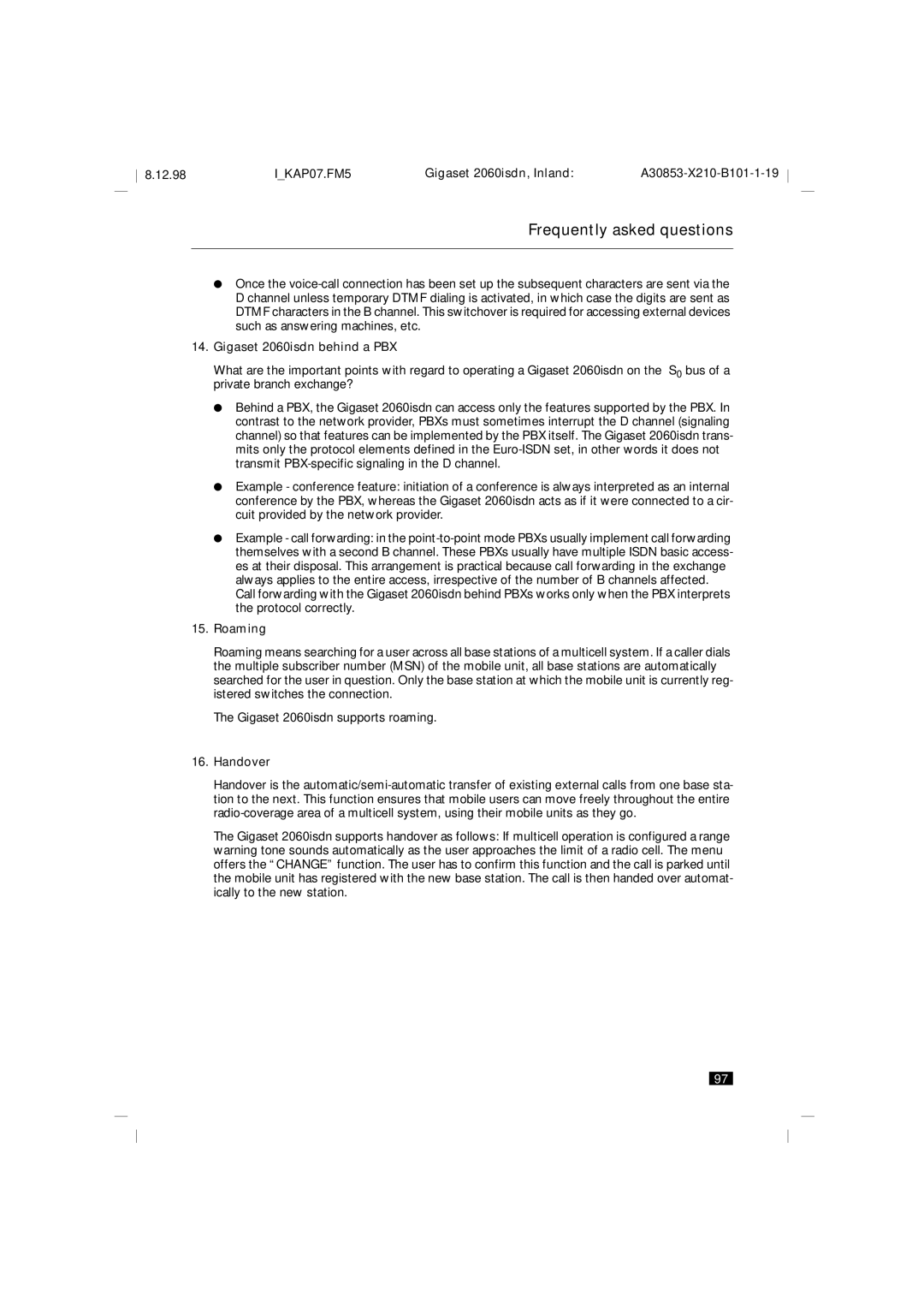 Siemens manual Gigaset 2060isdn behind a PBX, Roaming, Handover 