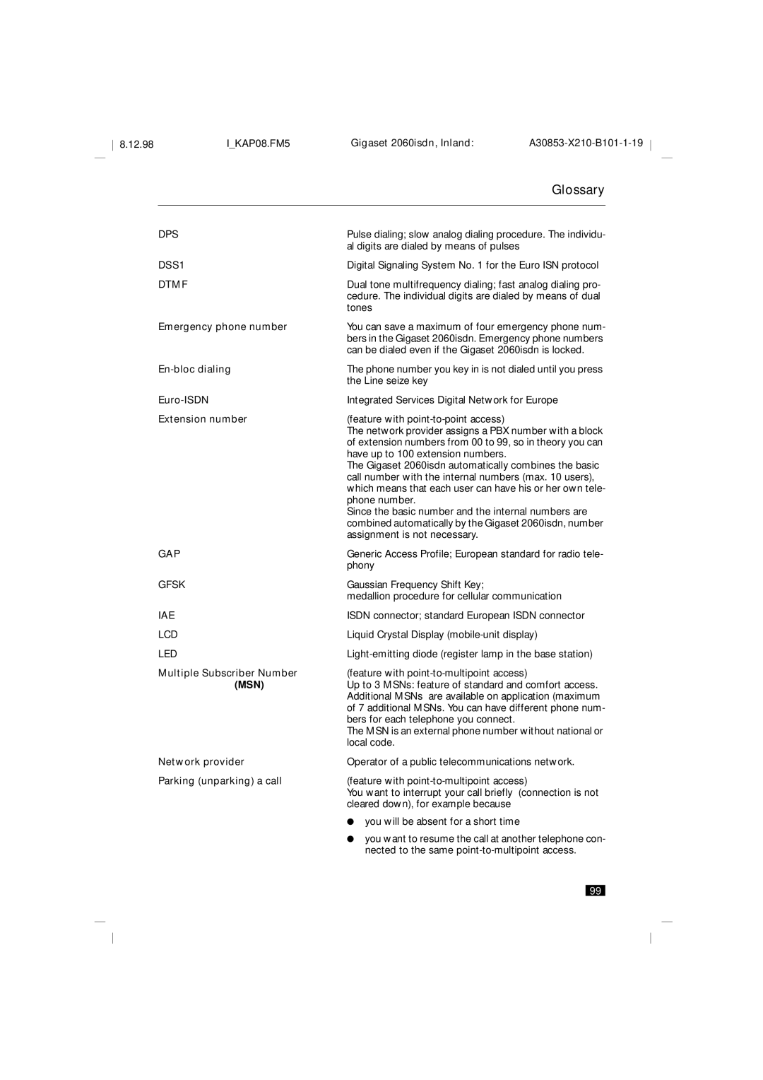 Siemens 2060isdn manual Emergency phone number, En-bloc dialing, Euro-ISDN, Extension number, Multiple Subscriber Number 