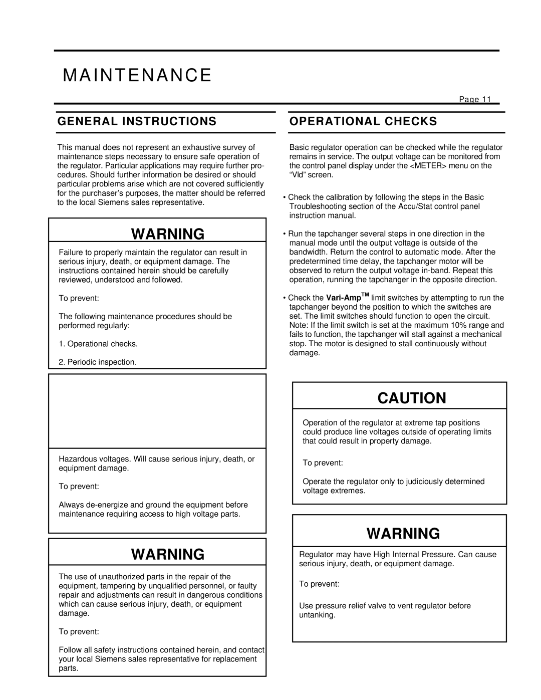 Siemens 21-115532-001 manual Maintenance, General Instructions Operational Checks 