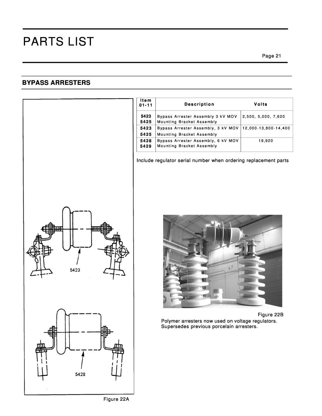 Siemens 21-115532-001 manual Bypass Arresters, Parts List, 5 42, D e s c r i p t i o n 