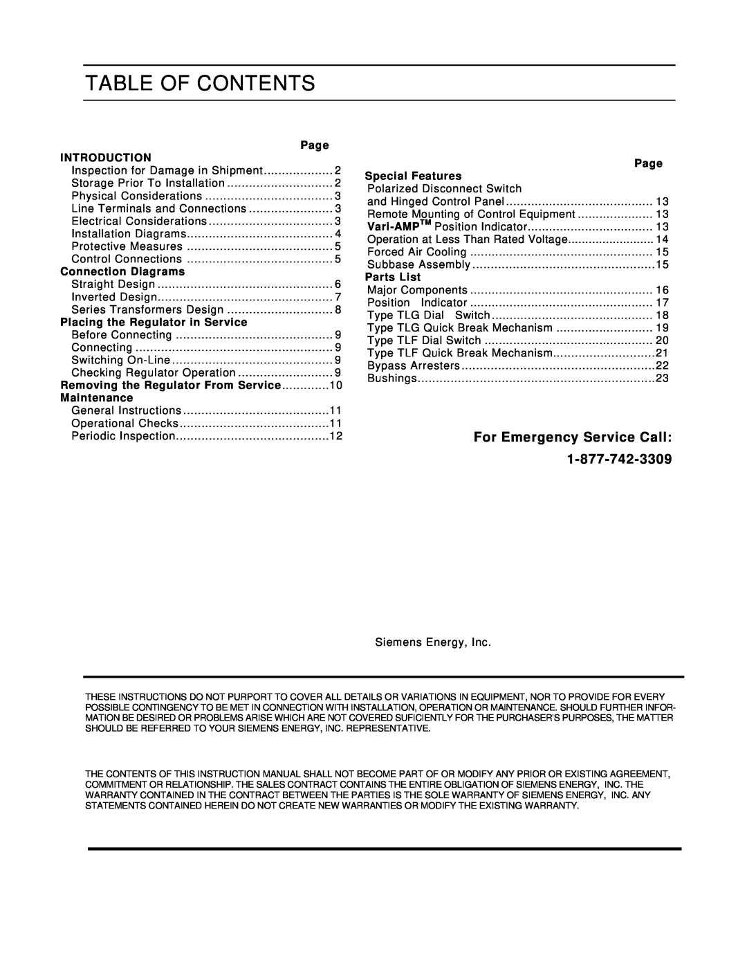 Siemens 21-115532-001 manual Table Of Contents, For Emergency Service Call 