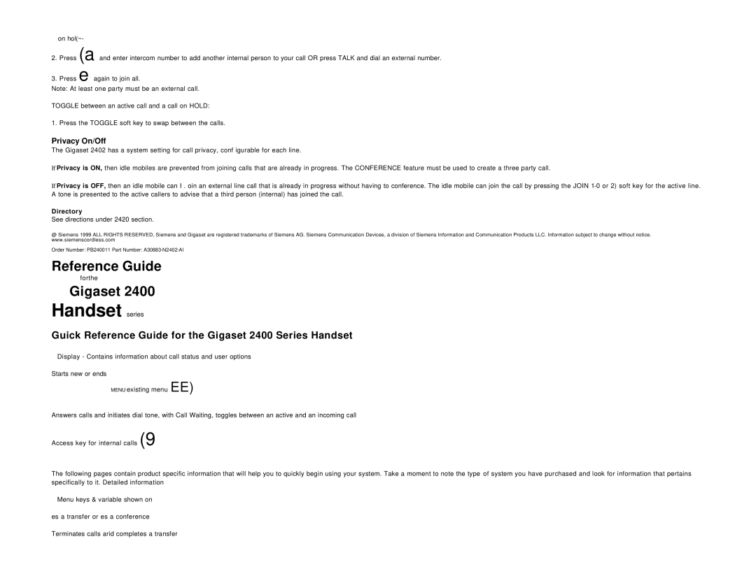 Siemens 2400 manual Privacy On/Off, Directory 