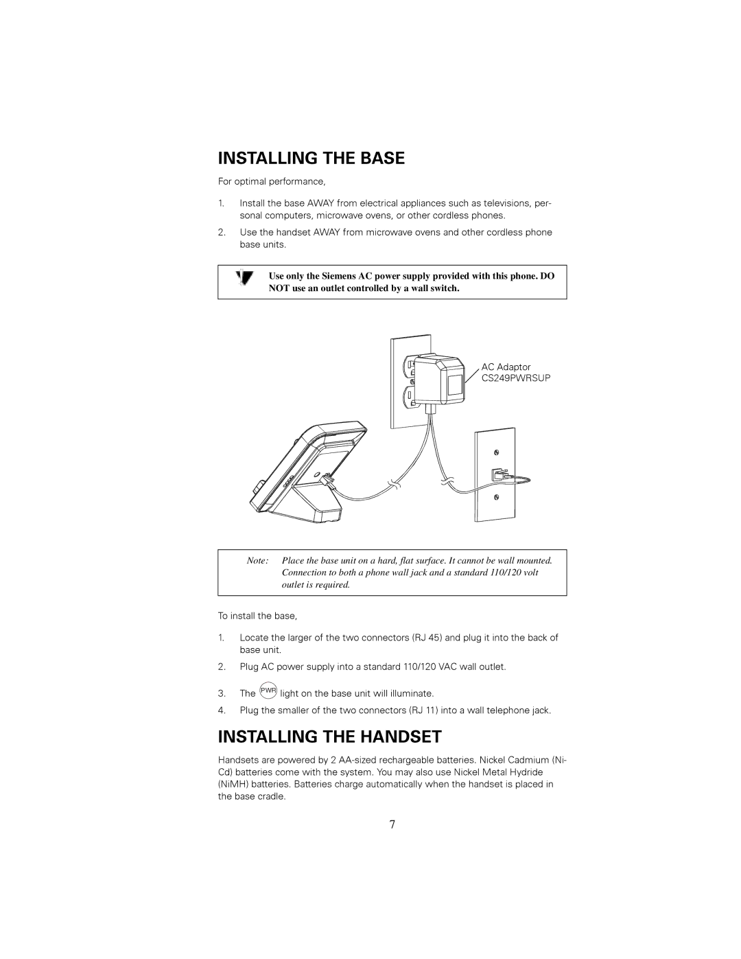 Siemens 2410 manual Not use an outlet controlled by a wall switch 