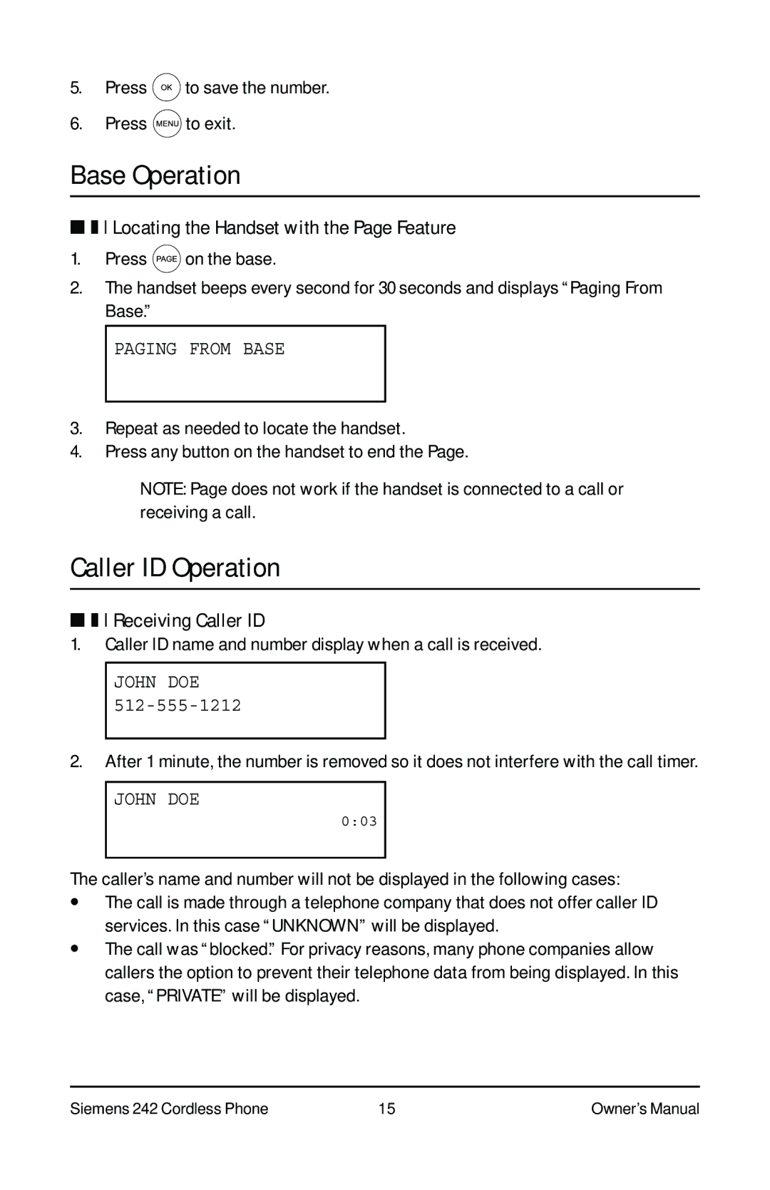 Siemens 242 owner manual Base Operation, Caller ID Operation, Locating the Handset with the Page Feature, Paging From Base 