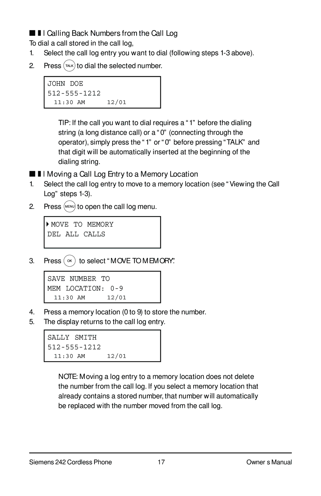 Siemens 242 owner manual Moving a Call Log Entry to a Memory Location, Move Memory DEL ALL Calls, Save Number MEM Location 