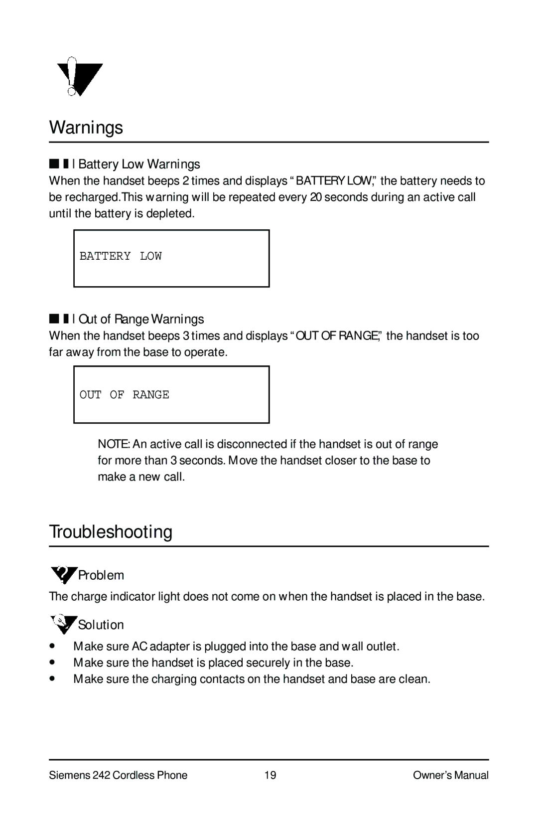 Siemens 242 owner manual Troubleshooting, Battery Low Warnings, Out of Range Warnings, Problem, Solution 