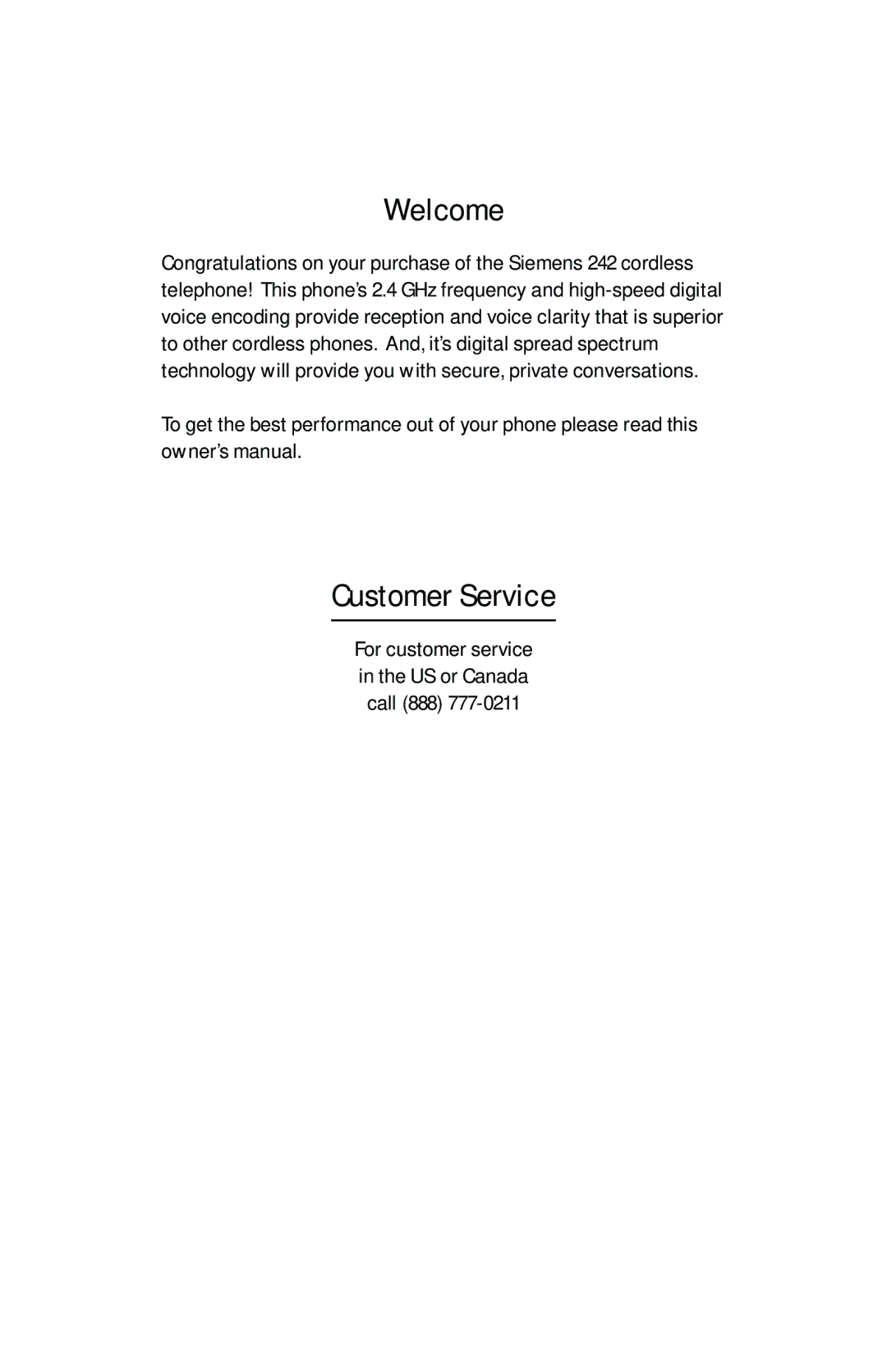 Siemens 242 owner manual Welcome, Customer Service 