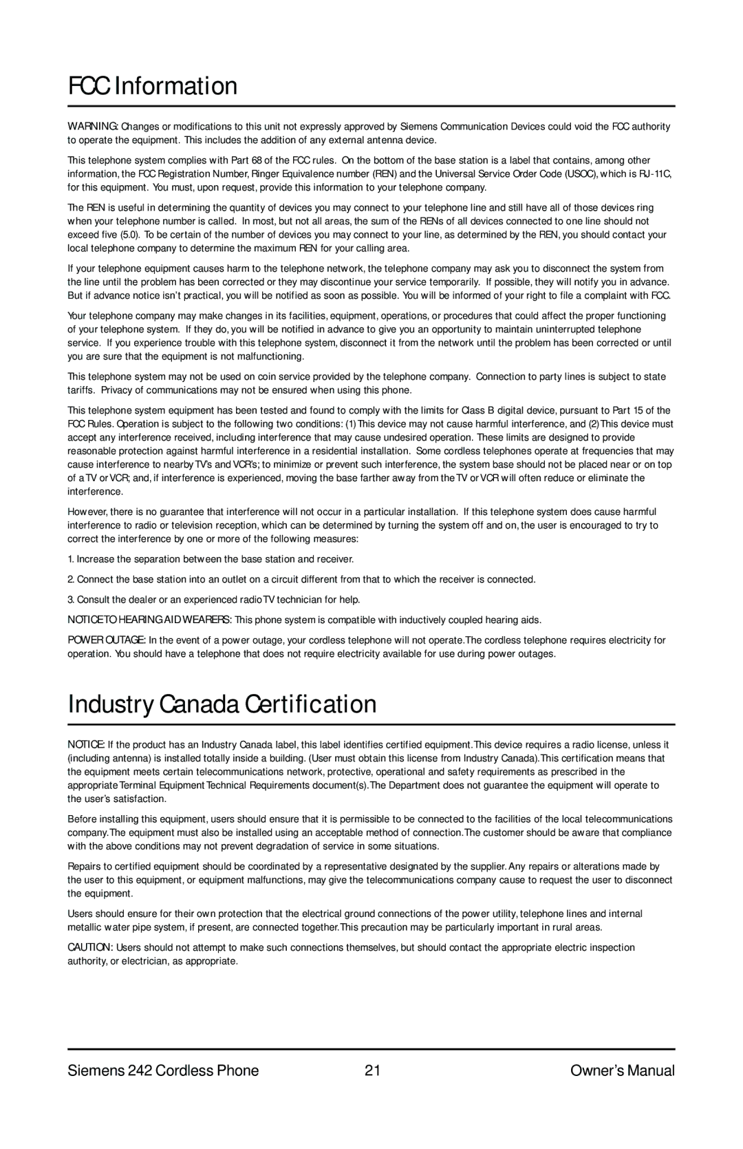 Siemens 242 owner manual FCC Information, Industry Canada Certification 